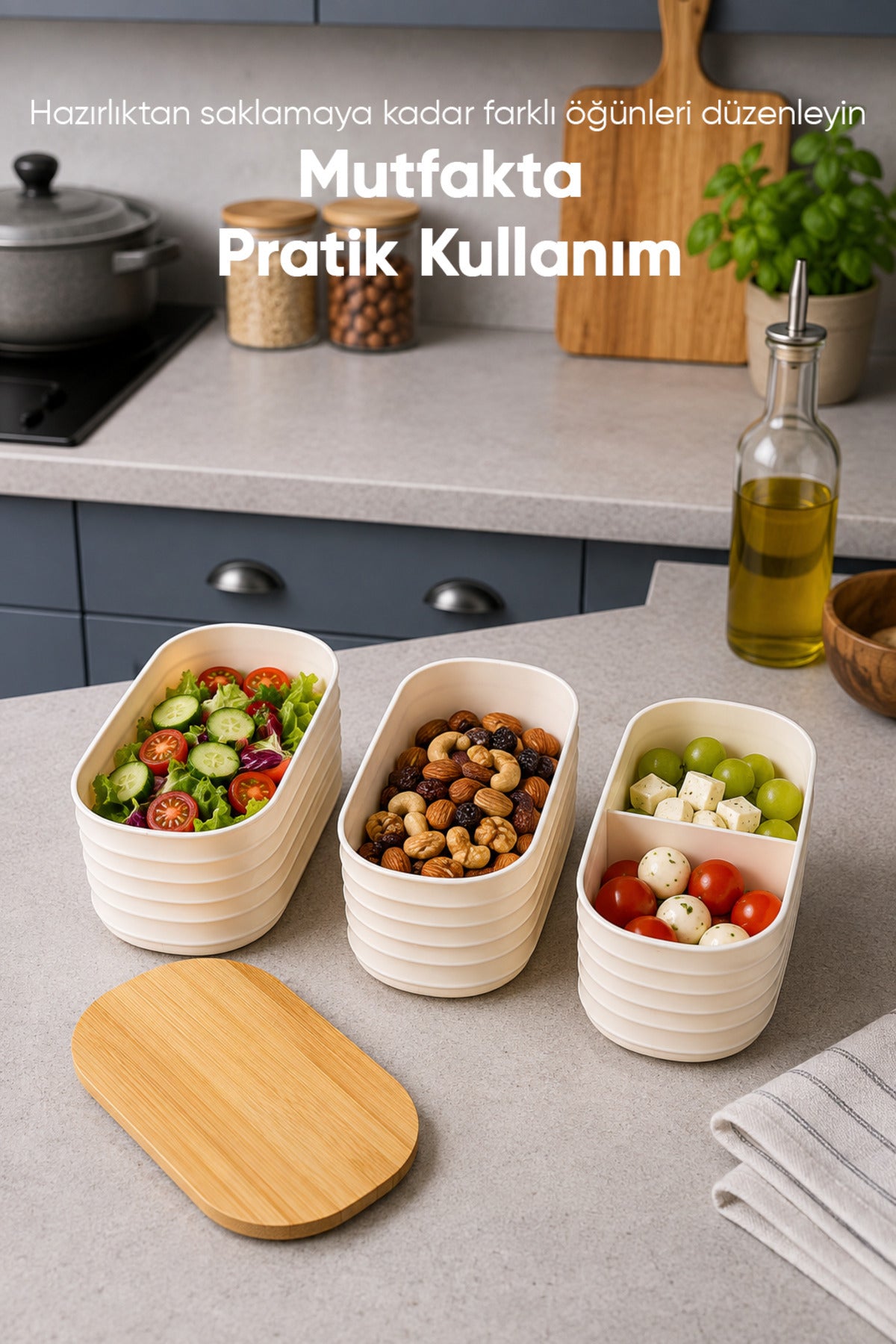 3'lü 500 ml Oval Dalgalı Desenli Bantlı Saklama Kabı Bambu Kapaklı Taşınabilir Beslenme Seti
