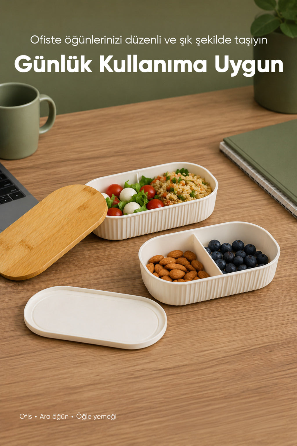 2'li Oval Fitilli Desenli Bantlı Saklama Kabı (600-620 ml) Bambu Kapaklı Taşınabilir Beslenme Seti