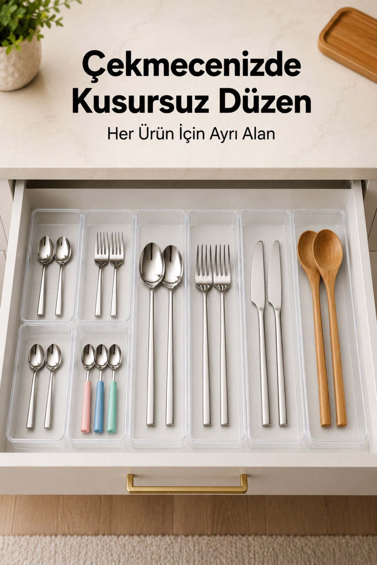 8'li Modüler Şeffaf Kaşıklık Seti Çekmece İçi Mutfak Çatal Kaşık Bıçak Düzenleyici Organizer (4F4C)