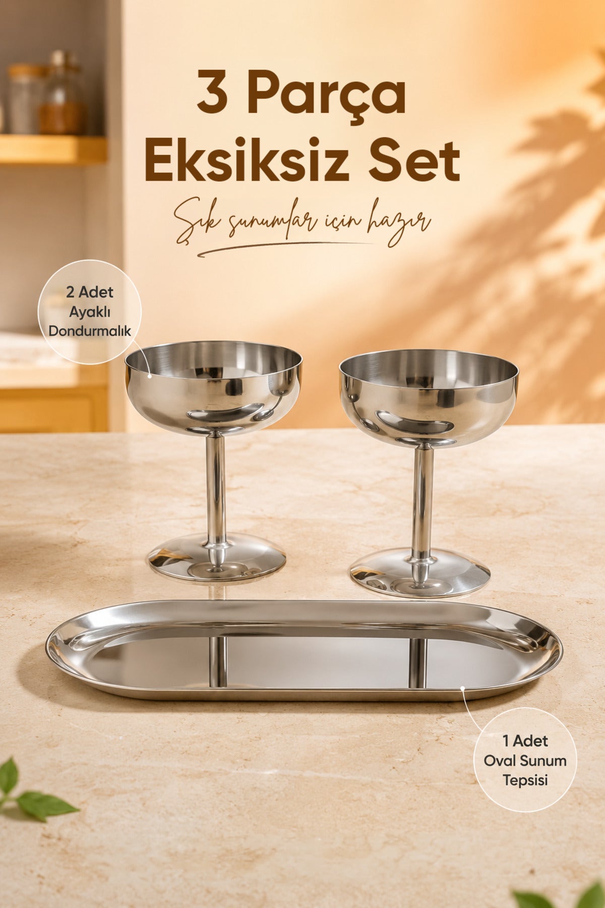 3'lü Set Gümüş Renk Metal Dondurmalık Seti (2x Geniş Uzun Kase 1x Kayık Tabak) - Şık Sunum ve Tatlı Kasesi