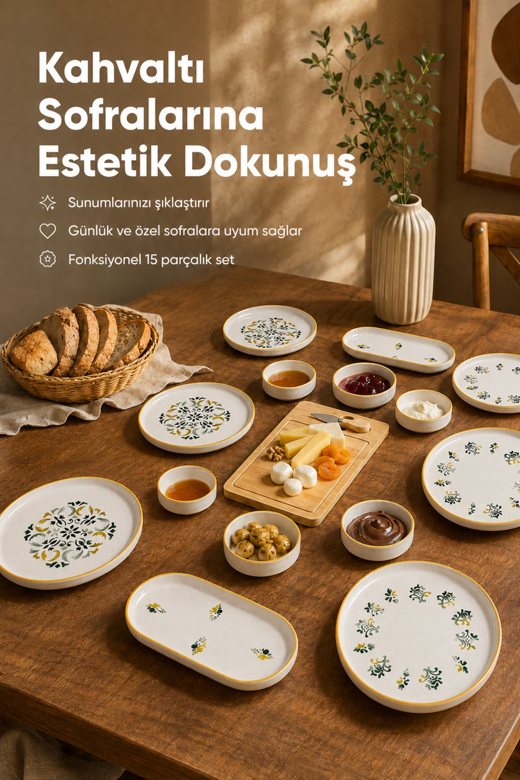 15 Parça Bambu Sunumluklu Klasik Kahvaltı Takımı Seti