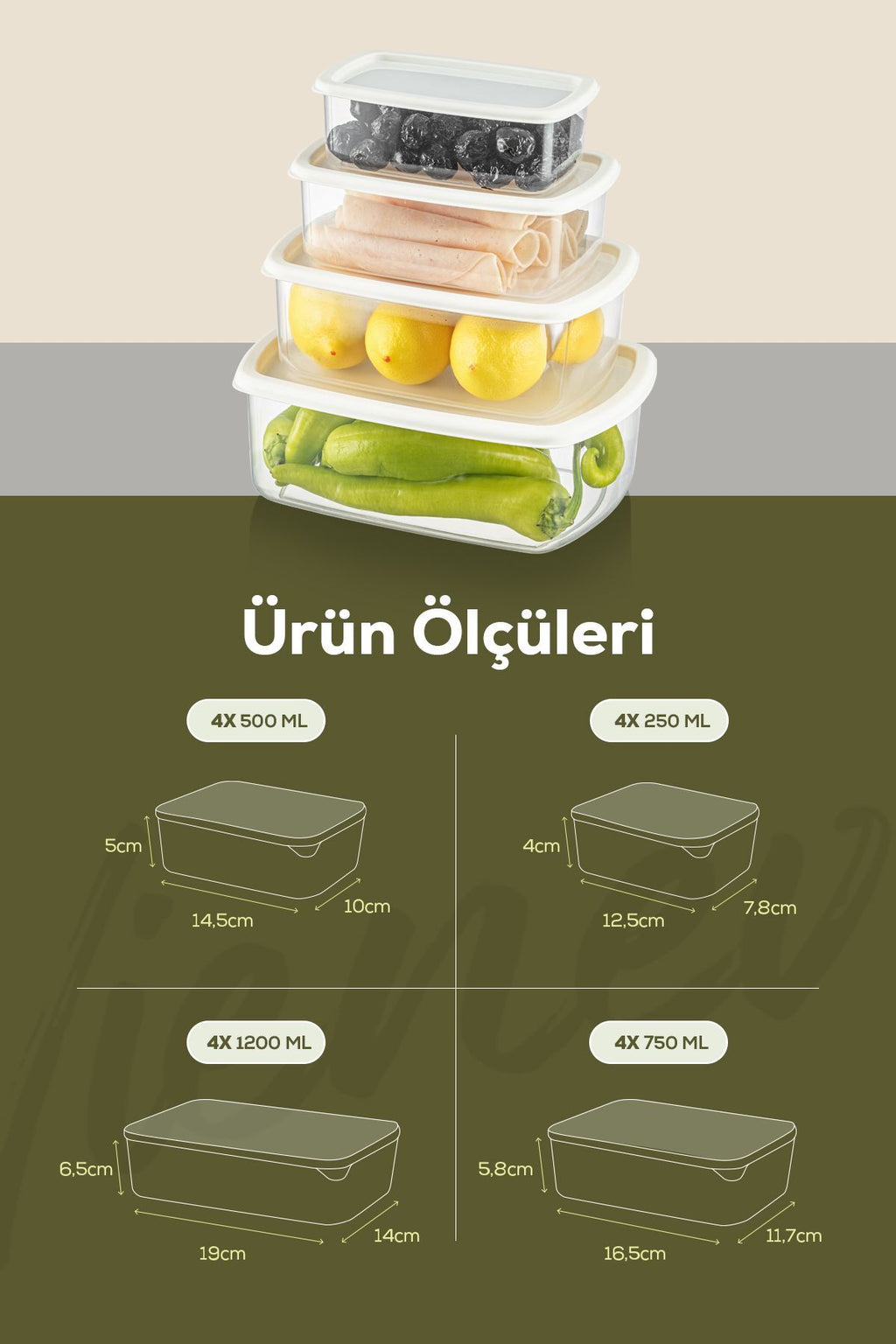 16'lı Hava Geçirmez Saklama Kabı Seti Gri 4x(250-500-750-1200 ML)