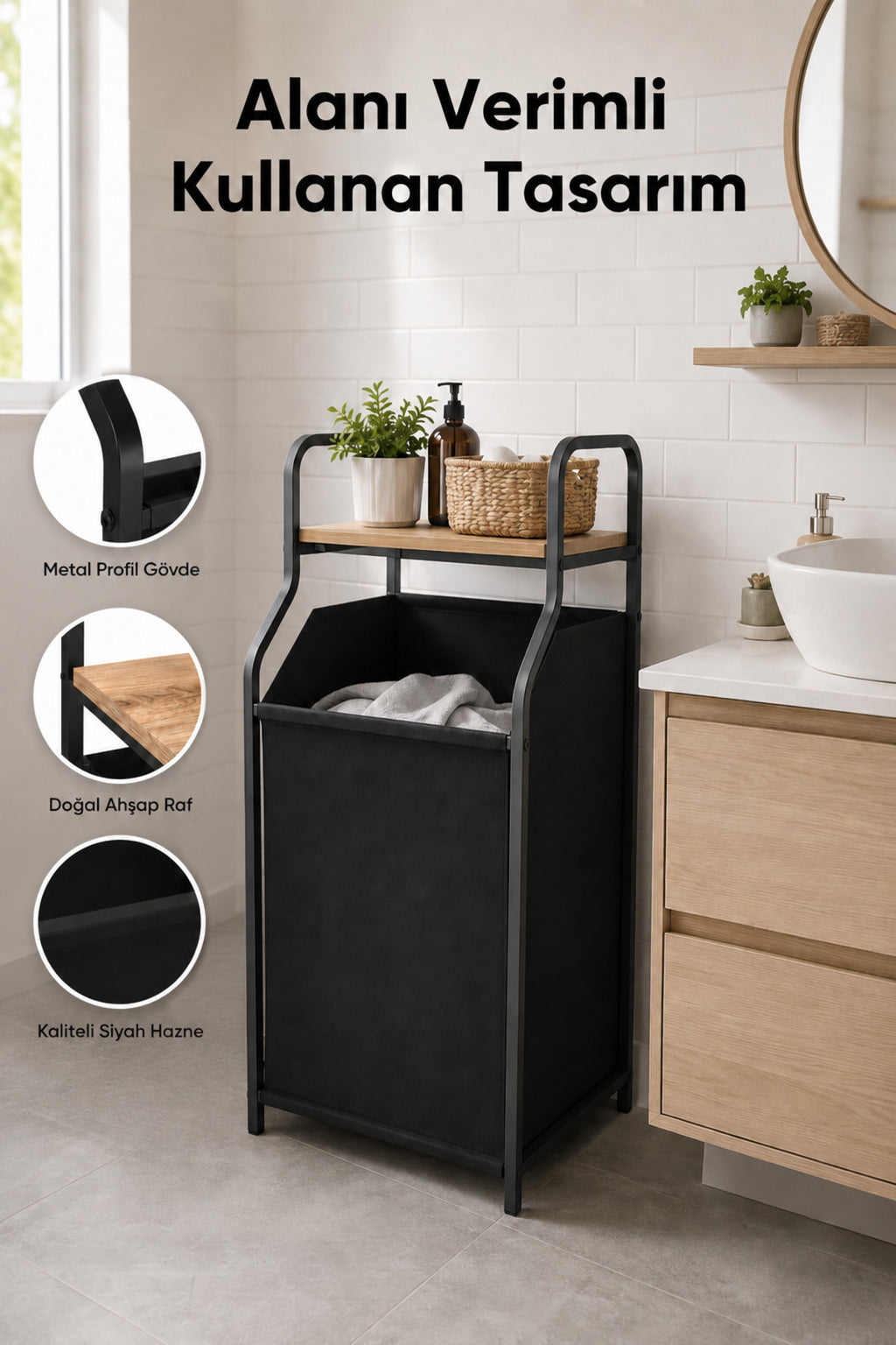 Metal Gövdeli Ahşap Raflı Banyo Düzenleyici - Kumaş Kirli Sepeti