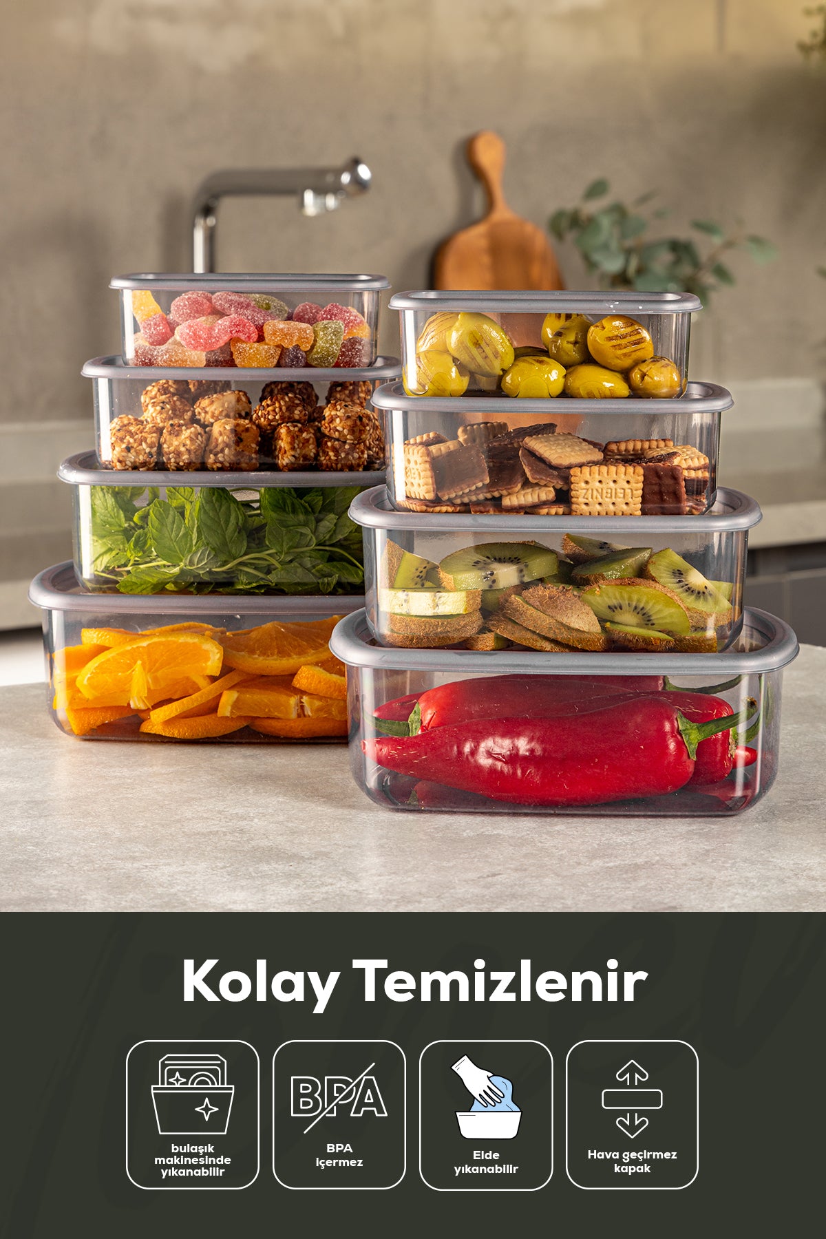 8'li Hava Geçirmez Saklama Kabı Seti Antrasit 2x(250-500-750-1200 ML)
