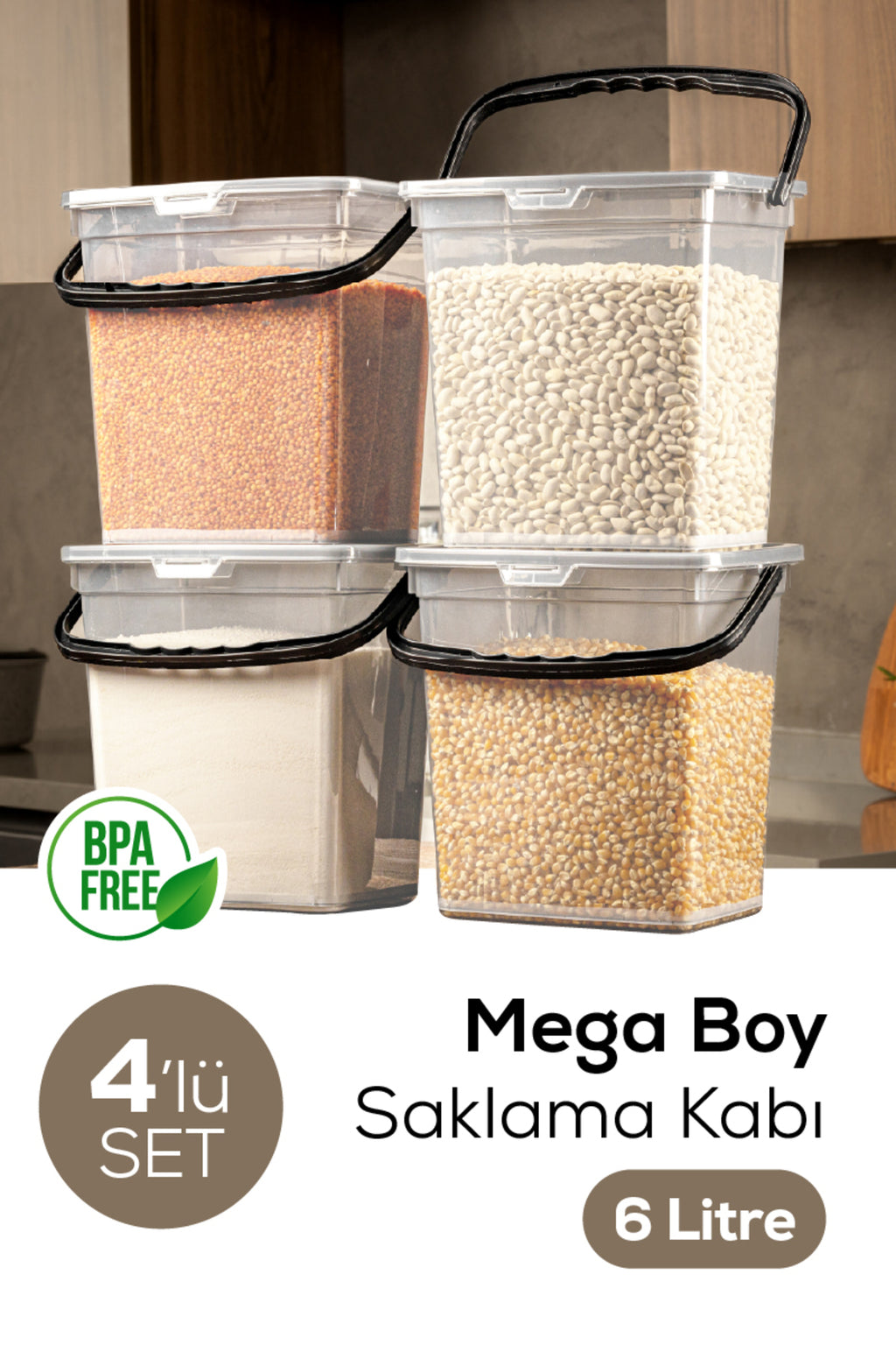 Mega Boy 4'lü Kare Un Bakliyat Kabı 6 Litre - Kulplu Saklama Kutusu Kabı Şeffaf