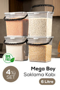 Mega Boy 4'lü Kare Un Bakliyat Kabı 6 Litre - Kulplu Saklama Kutusu Kabı Şeffaf