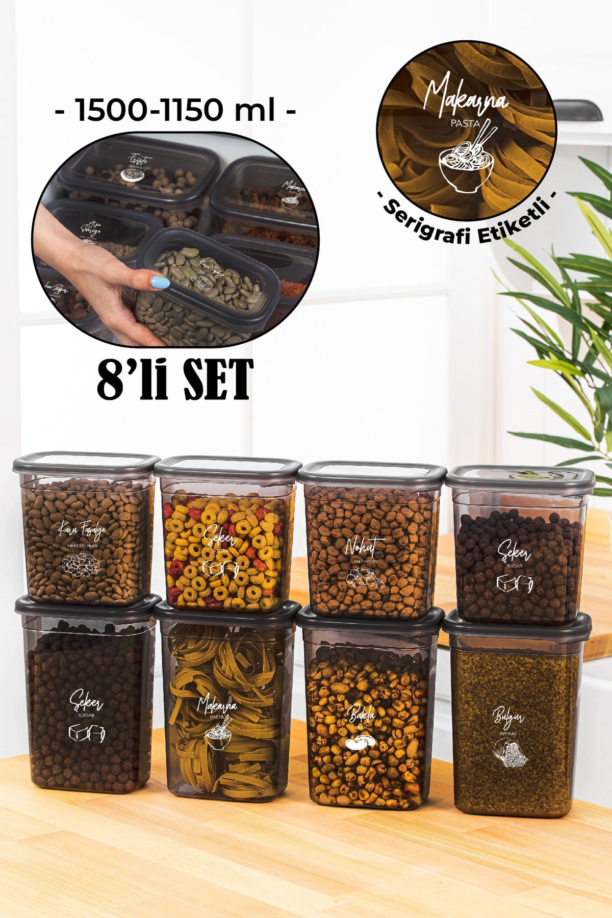 Beyaz Serigrafi Etiketli 8li Peggy Dikdörtgen Saklama Kabı Seti 4x(1500-1150 Ml) Antrasit