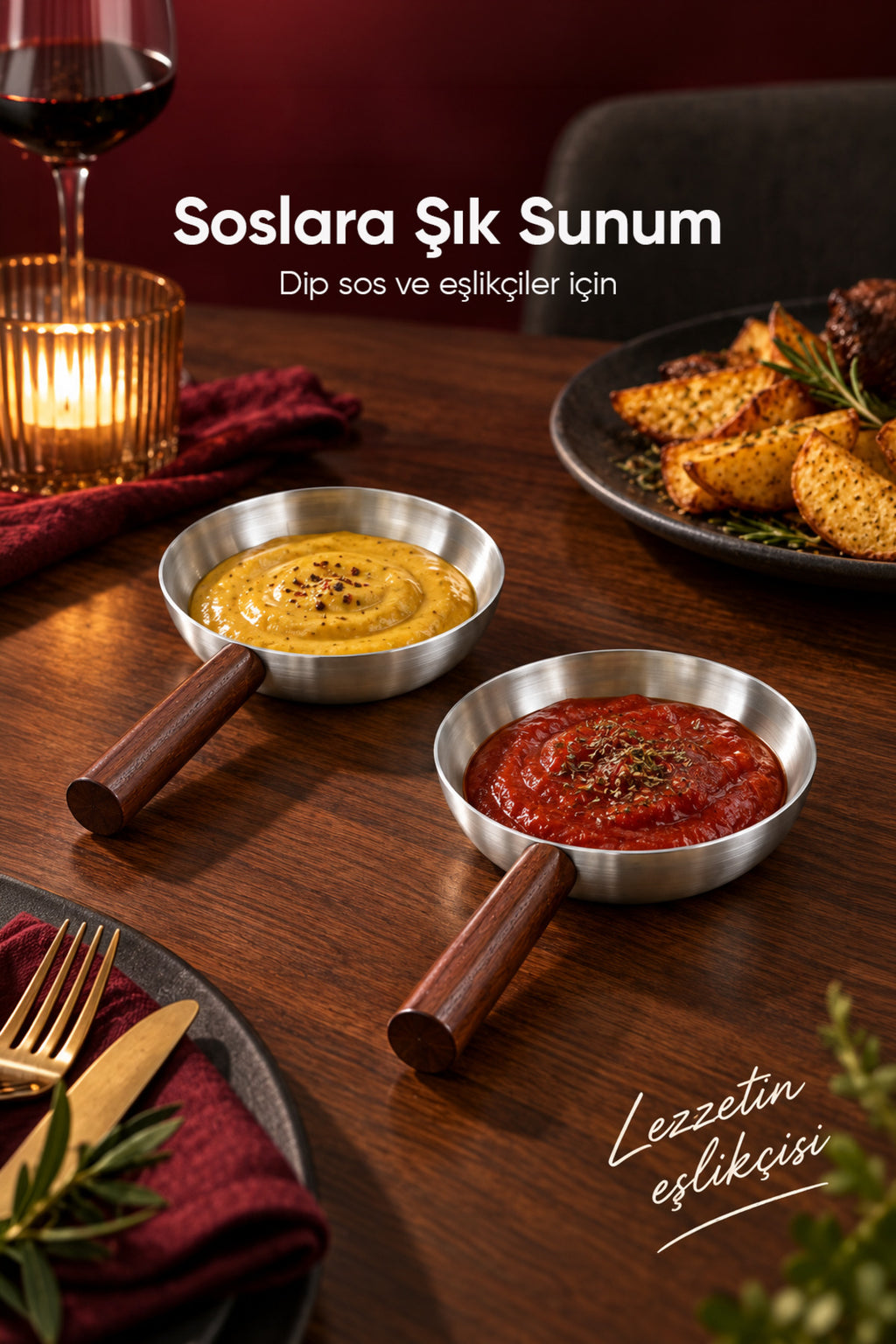 2'li Ahşap Saplı Metal Sunum Tabağı | Mini Sosluk Çerezlik İkramlık Servis Tabağı Sunumluk Seti