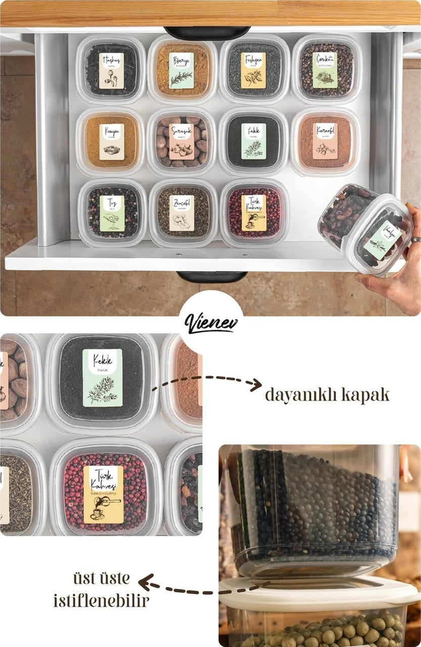 Renkli Etiketli 12li Set Peggy Kare Erzak Saklama Kabı 9x(0,55 Litre) - 3x(1,75 Litre) Beyaz
