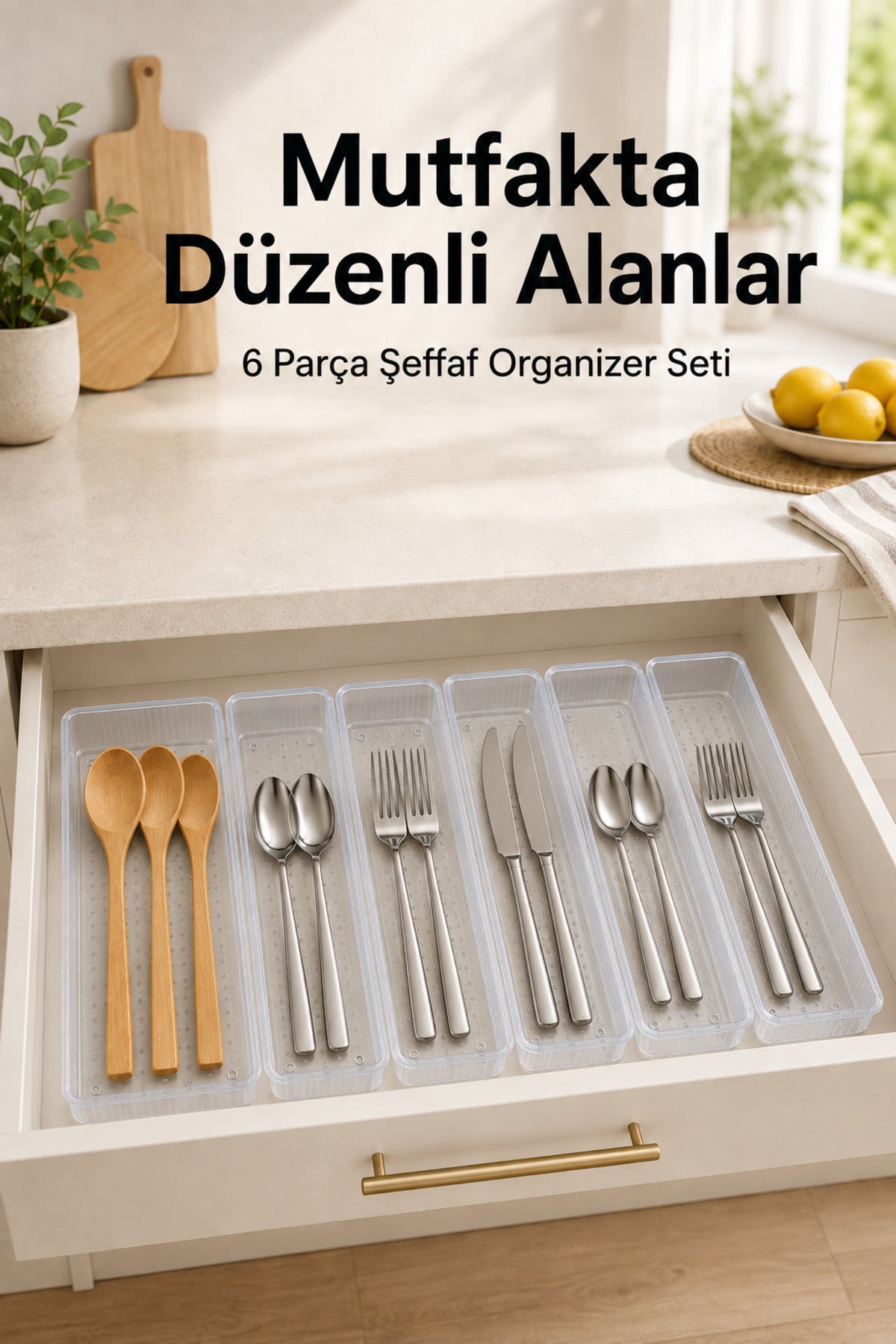 6'lı Modüler Şeffaf Kaşıklık Seti Çekmece İçi Mutfak Çatal Kaşık Bıçak Düzenleyici Organizer (1E5F)