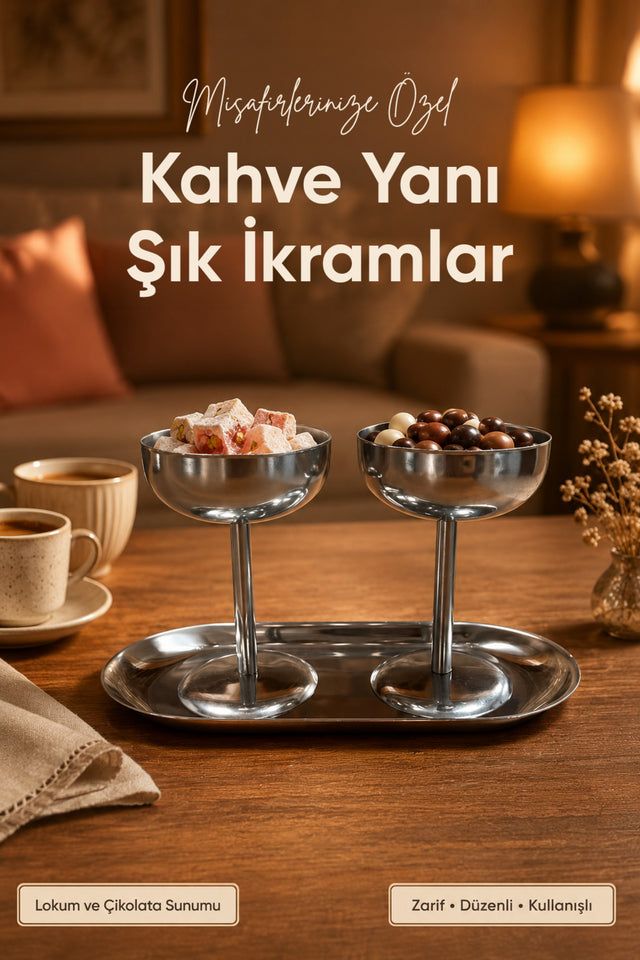 Gümüş Metal Dondurmalık Seti Uzun Kaseli · 3'lü