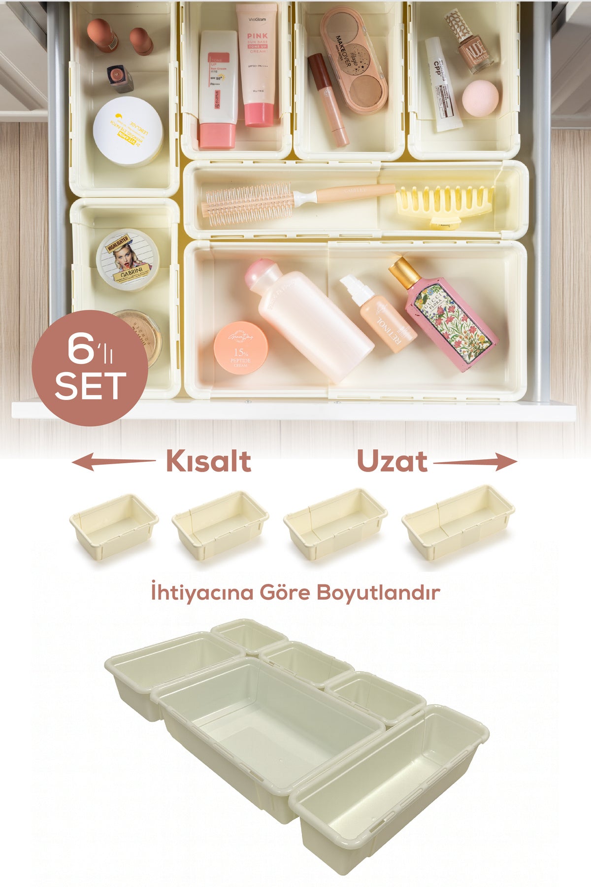 6'lı Set Ayarlanabilir Çekmece Içi Düzenleyici Kutu – Uzayıp Kısalabilen Organizer Seti (3A1B1C1D)