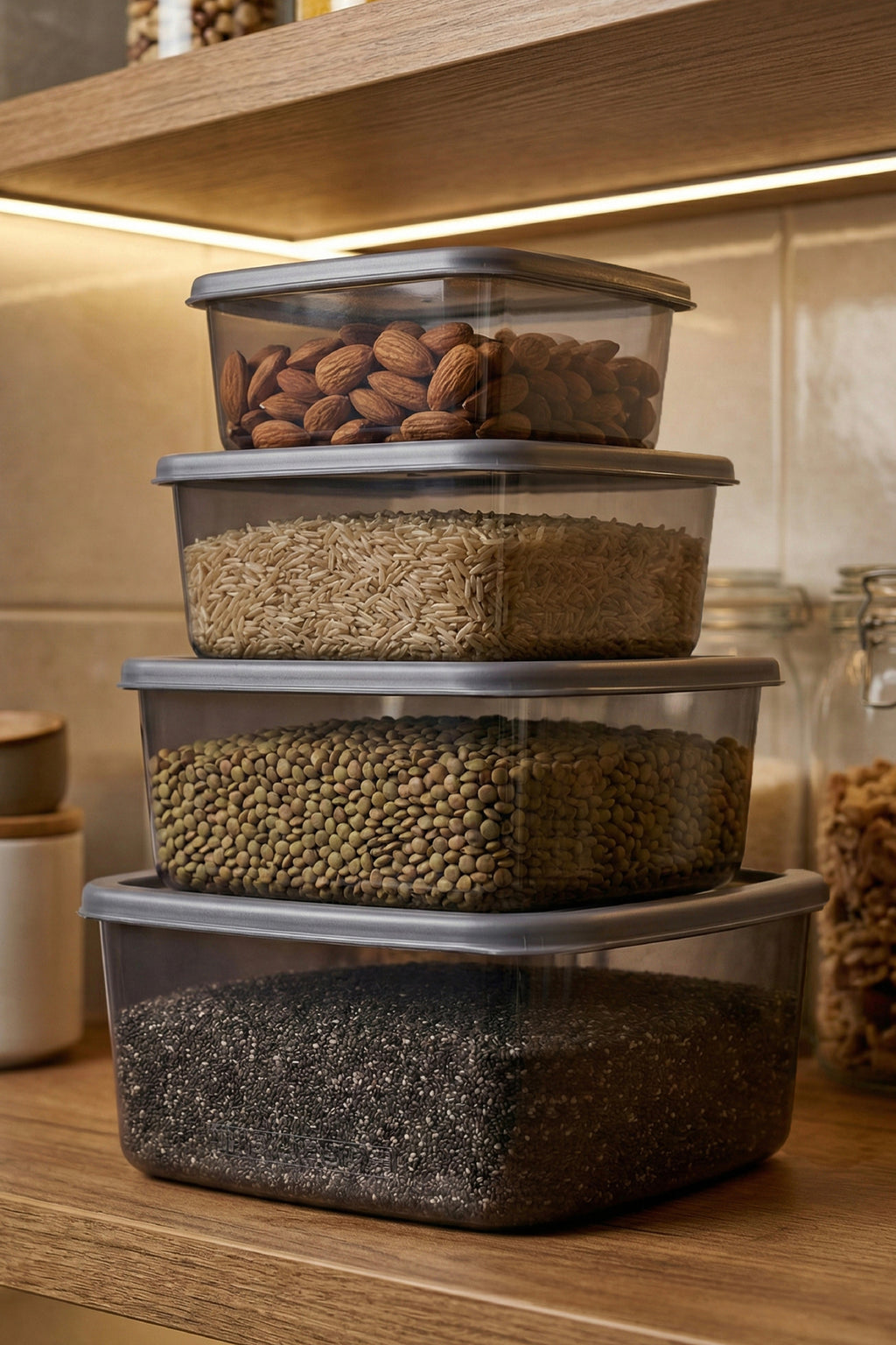 4'lü Kare Hava Geçirmez Saklama Kabı Antrasit (1,4 lt - 850 ml - 500 ml - 270 ml)