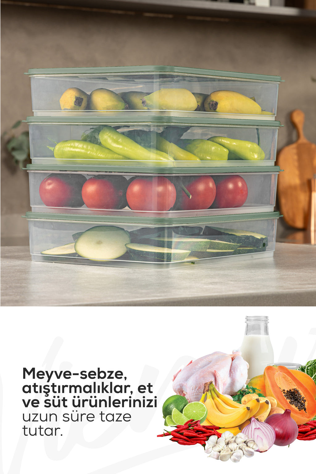 4'lü 3,5 Litre Buzdolabı Dondurucu Organizer Mikrodalga Ve Difrize Uygun Saklama Kabı Yeşil