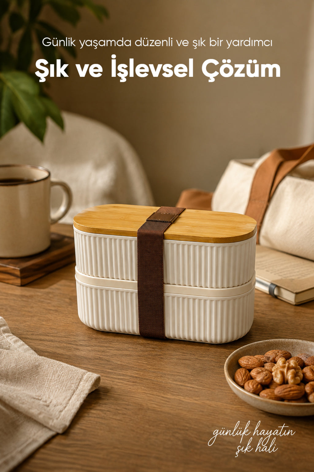 2'li Oval Fitilli Desenli Bantlı Saklama Kabı (600-620 ml) Bambu Kapaklı Taşınabilir Beslenme Seti