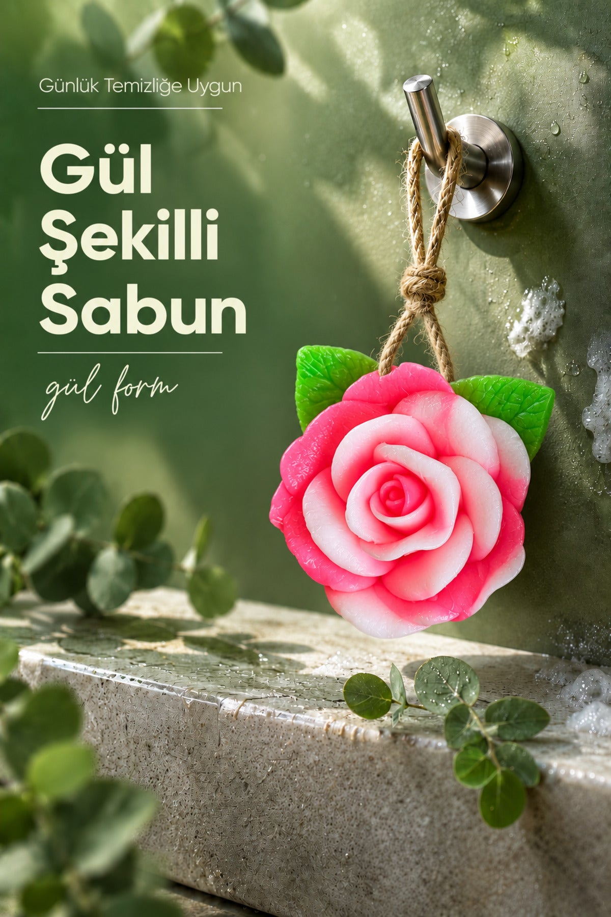 Pembe Gül Şekilli Katı Sabun 10x11 cm Asılabilir Dekoratif Banyo El Sabunu