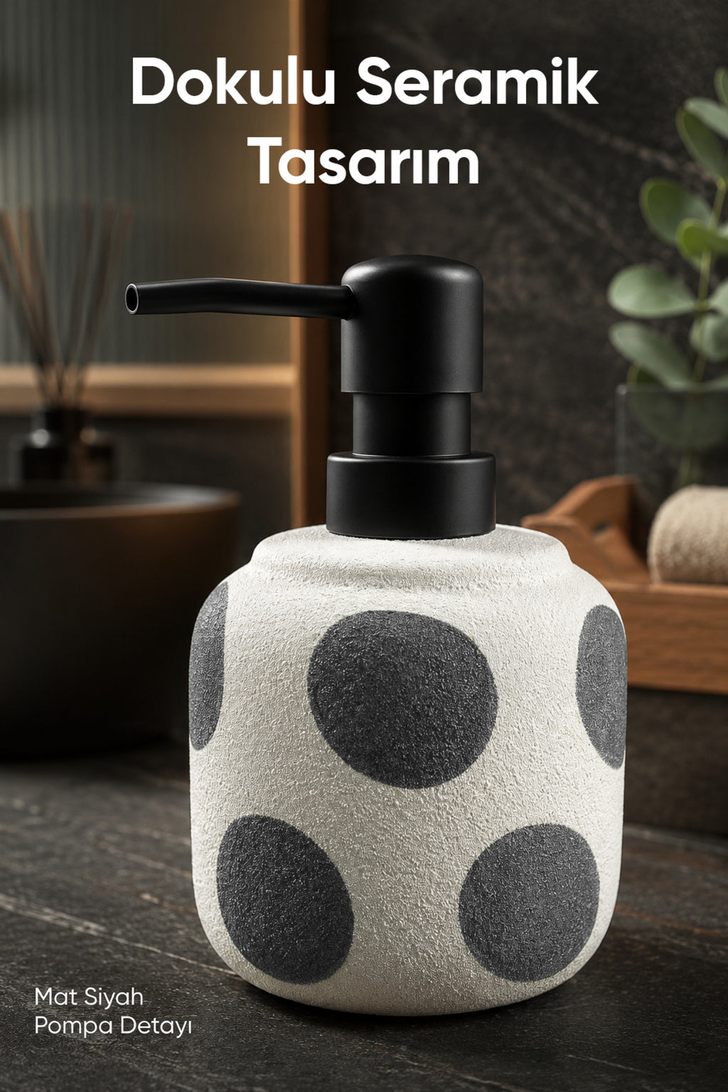 Gri Puantiyeli Seramik Sıvı Sabunluk 380 ml Beyaz Lüks Banyo Mutfak Sıvı Sabunluk