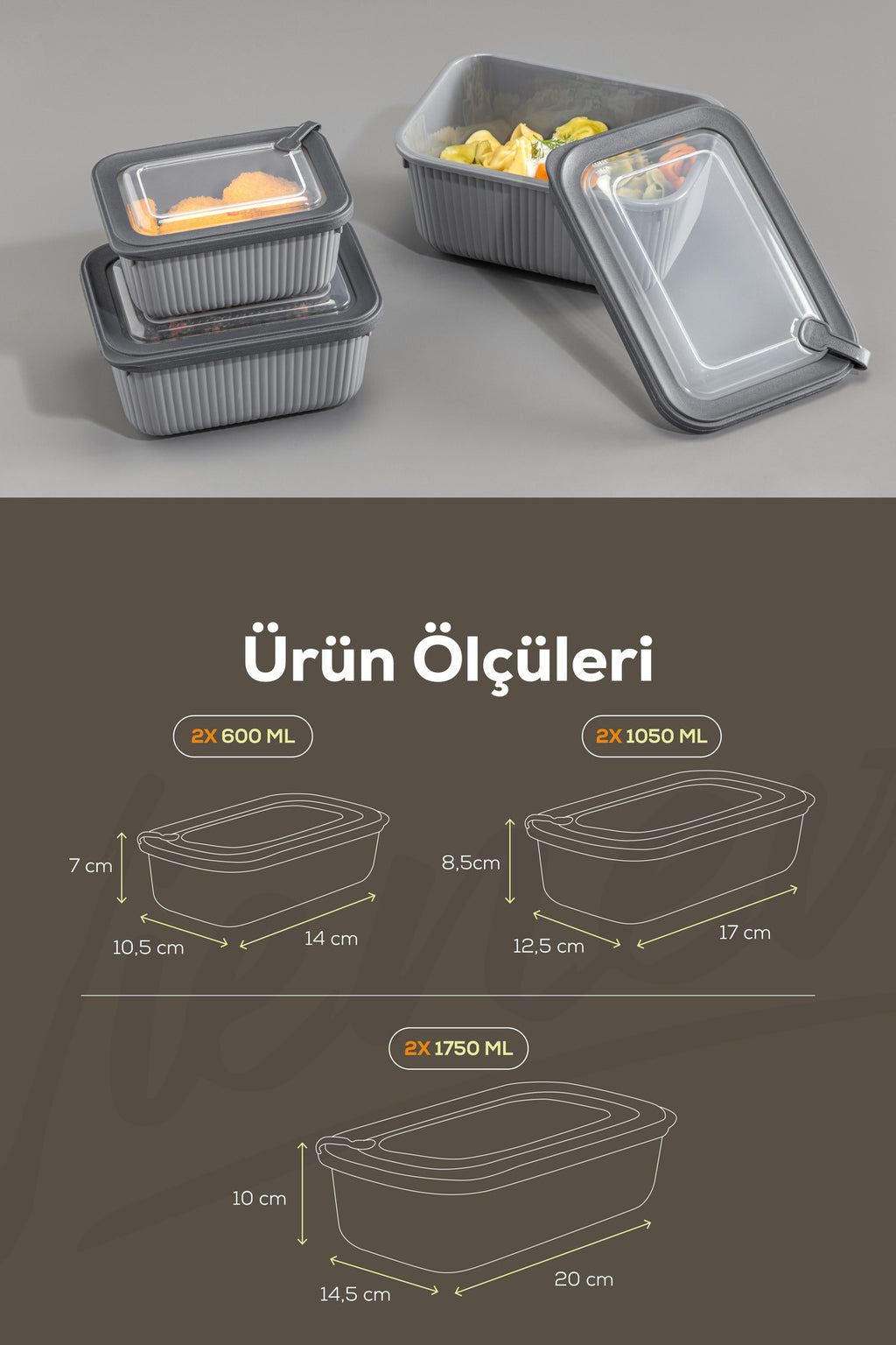 6'lı Vip Dikdörtgen Mikrodalga Ve Difrize Uygun Saklama Kabı Seti Gri 2x(1750,1050,600 ml)