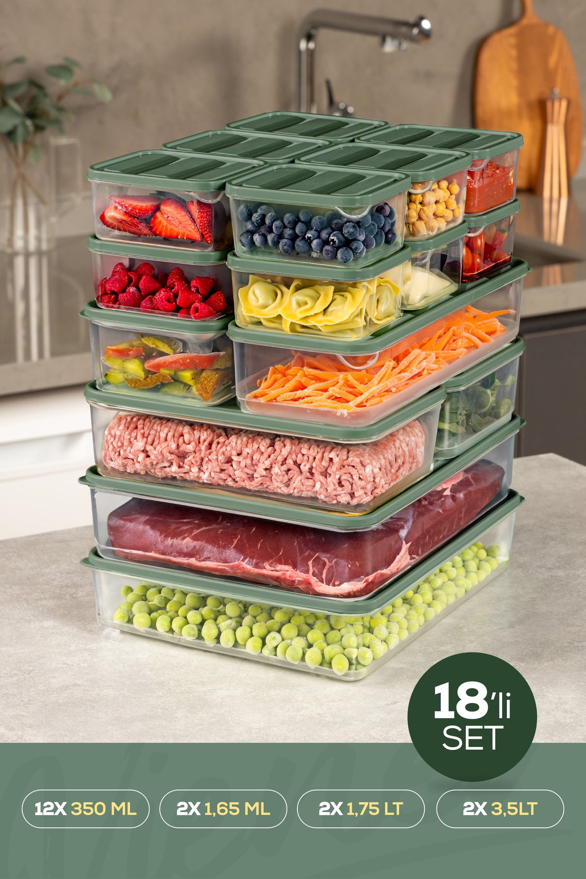 18'li Buzdolabı Dondurucu Organizer Ve Saklama Kabı Yeşil 12x(350ML) 2x(1,65LT) 2x(1,75LT) 2x(3,5LT)