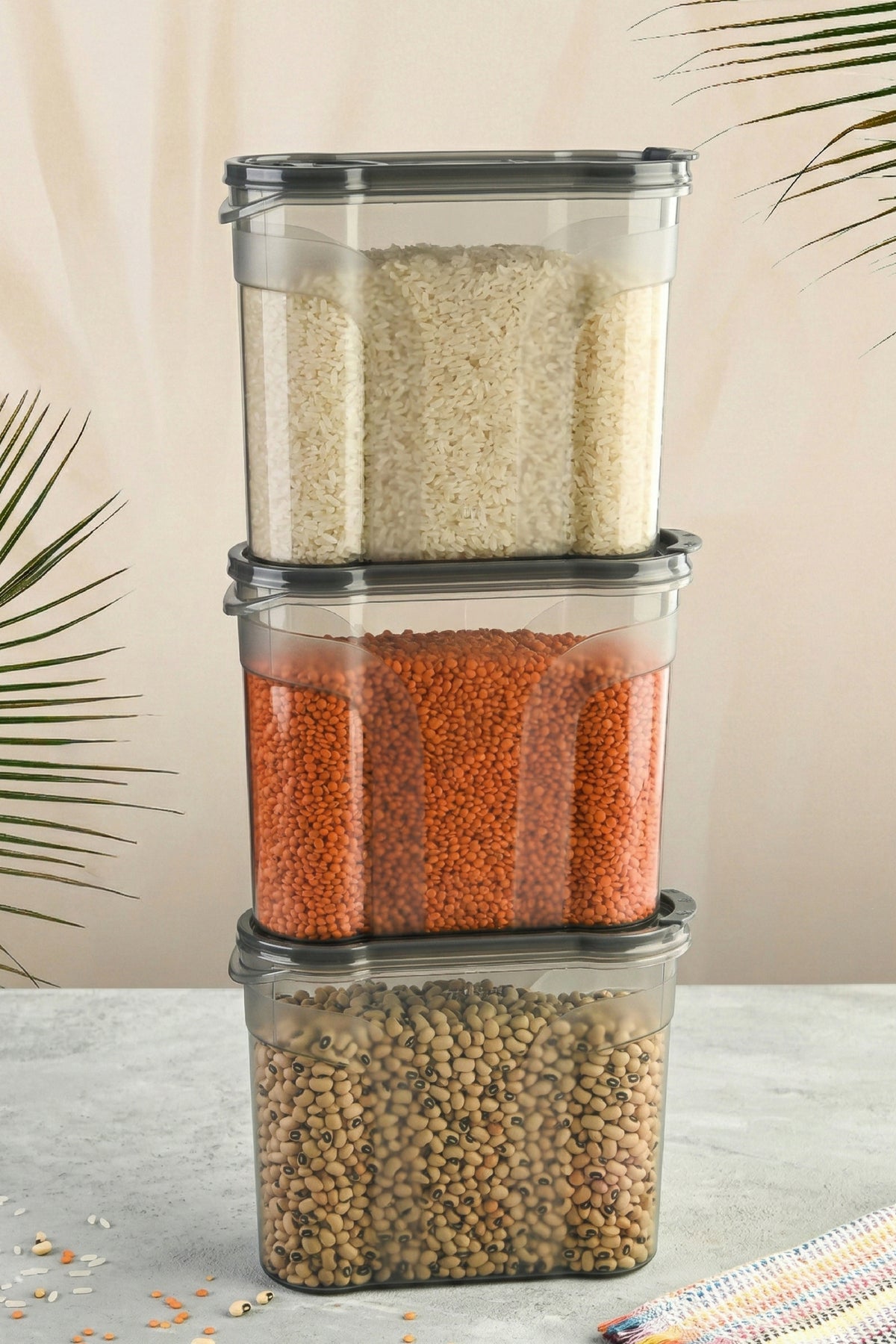 3'lü Çift Kapaklı Erzak Saklama Kabı Seti 2150 ml Antrasit