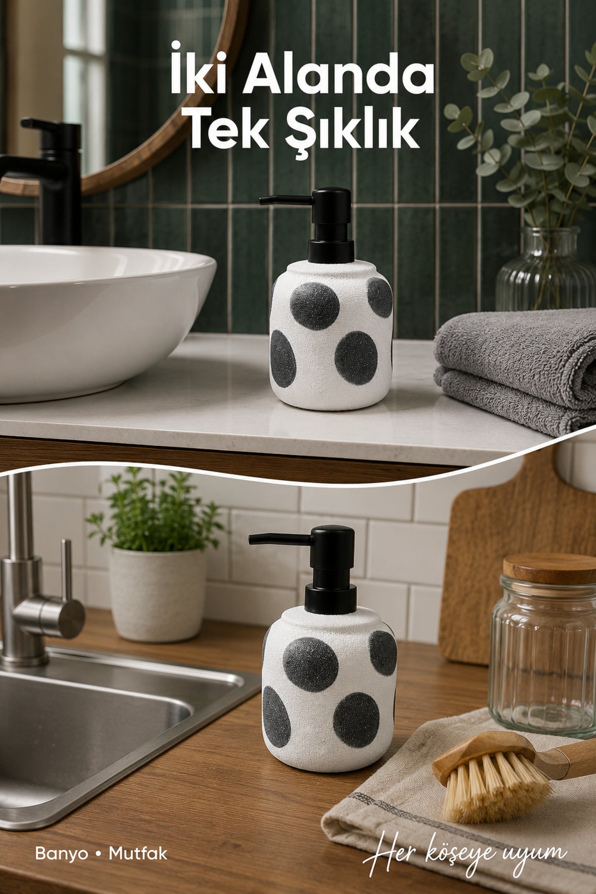 Gri Puantiyeli Seramik Sıvı Sabunluk 380 ml Beyaz Lüks Banyo Mutfak Sıvı Sabunluk