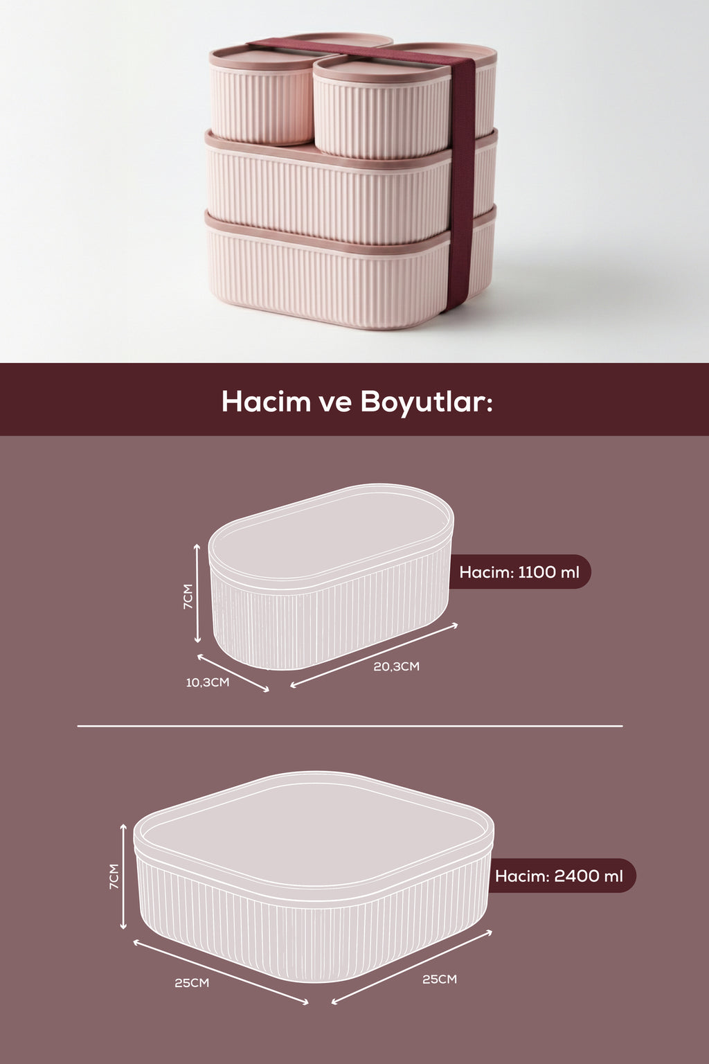 4'lü Elastik Bantlı İstiflenebilir Pratik Saklama Kabı Seti 2x(1100 ml) 2x(2400 ml) Pembe
