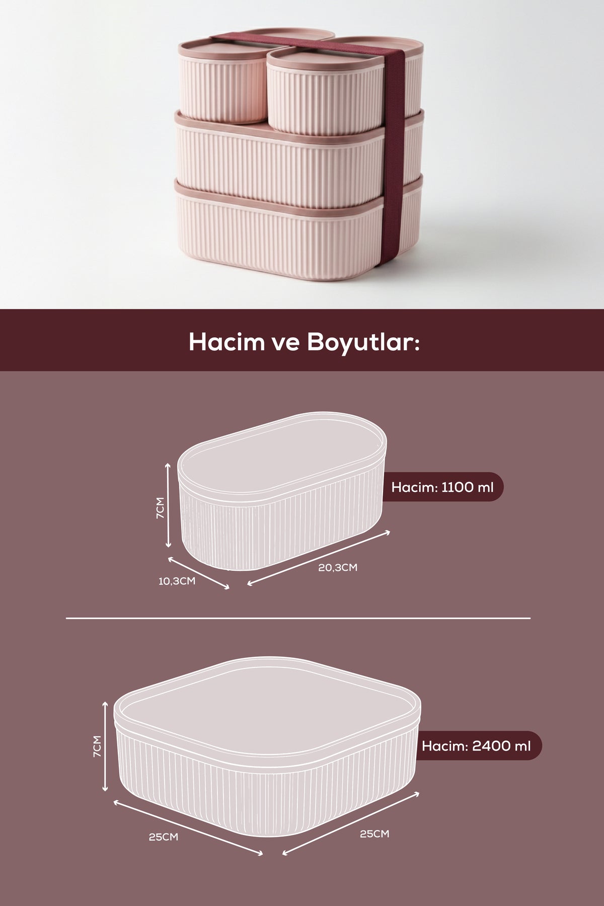 4'lü Elastik Bantlı İstiflenebilir Pratik Saklama Kabı Seti 2x(1100 ml) 2x(2400 ml) Pembe
