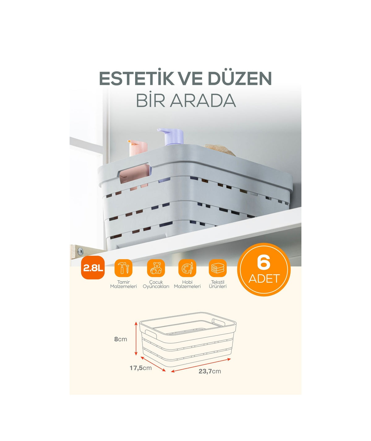 6'lı 2,8 Litre Delikli Saklama Kutusu Antrasit