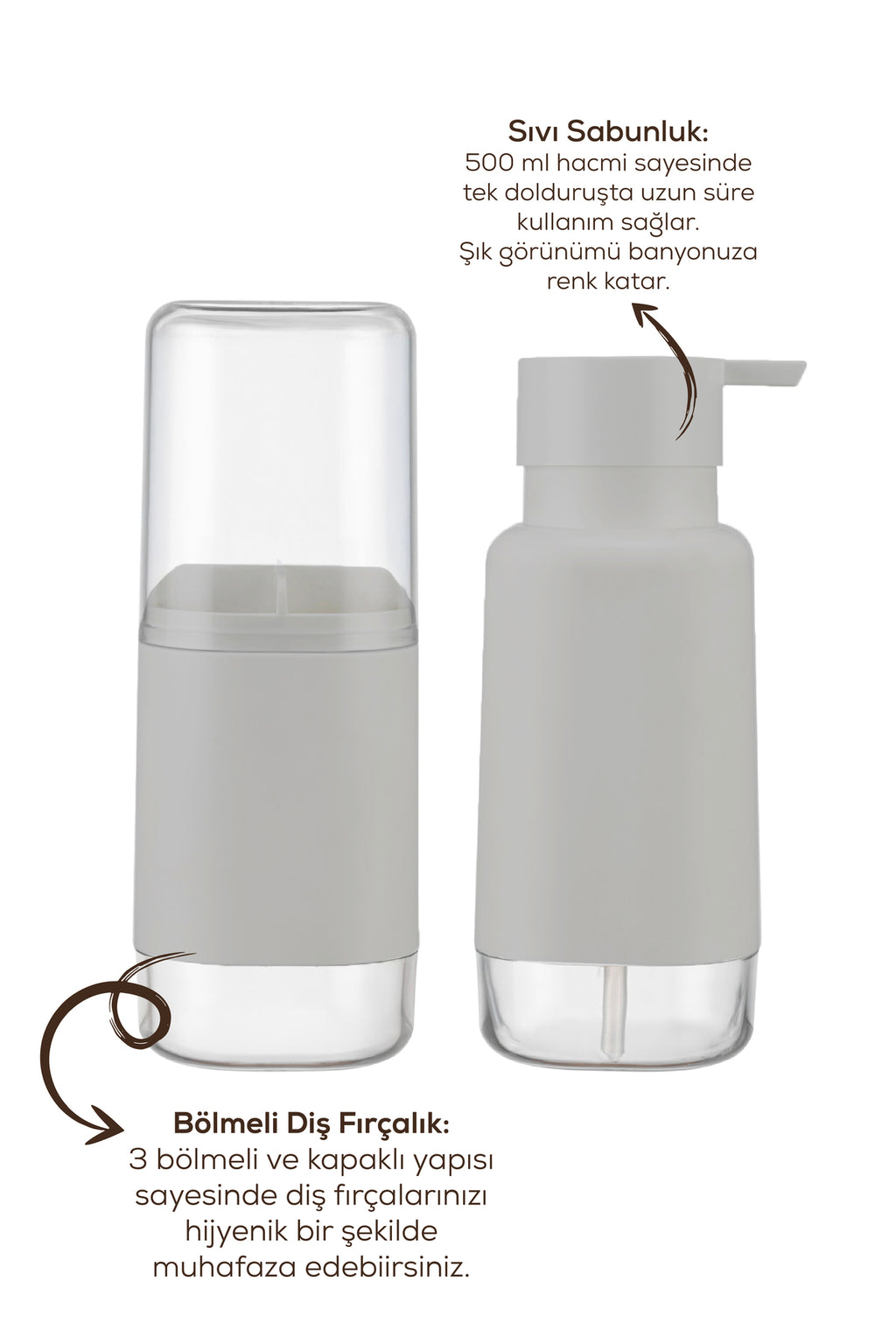 Modern Diş Fırçalık ve Sıvı Sabunluk Bej 500 ml | Banyo Seti