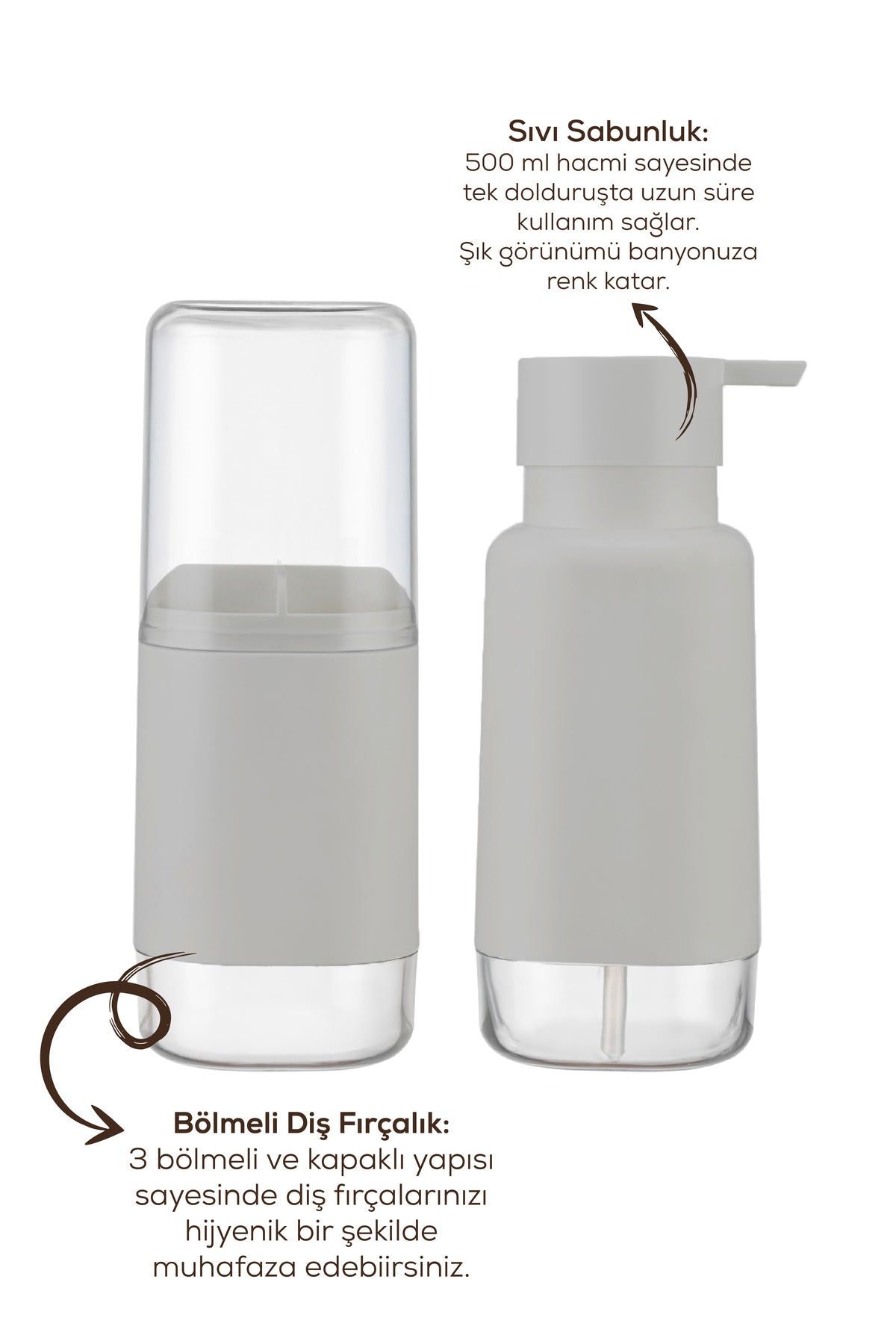 Modern Diş Fırçalık ve Sıvı Sabunluk Bej 500 ml | Banyo Seti