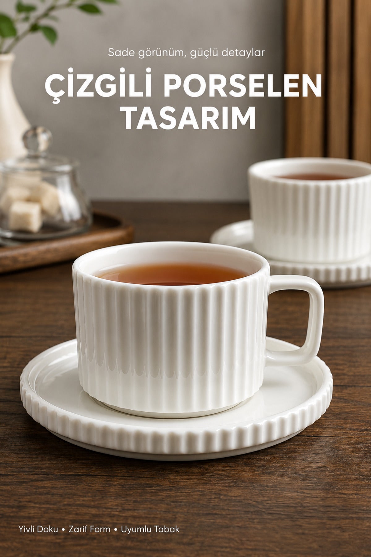 2 Kişilik Çizgili Beyaz Porselen Çay Fincanı Seti 220 ml Tabaklı Şık Çay Fincan Takımı