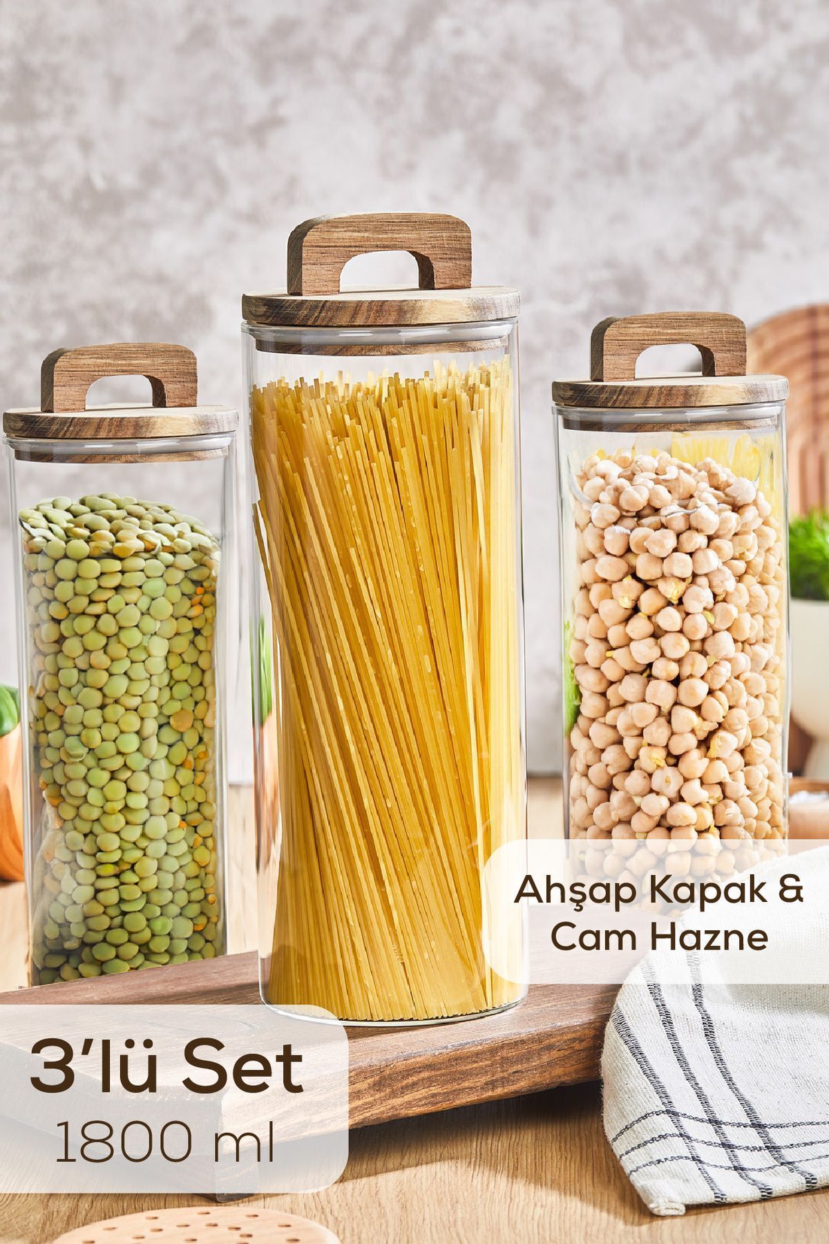 3'lü 1800 ml Ahşap Kapaklı Tutacaklı Kavanoz
