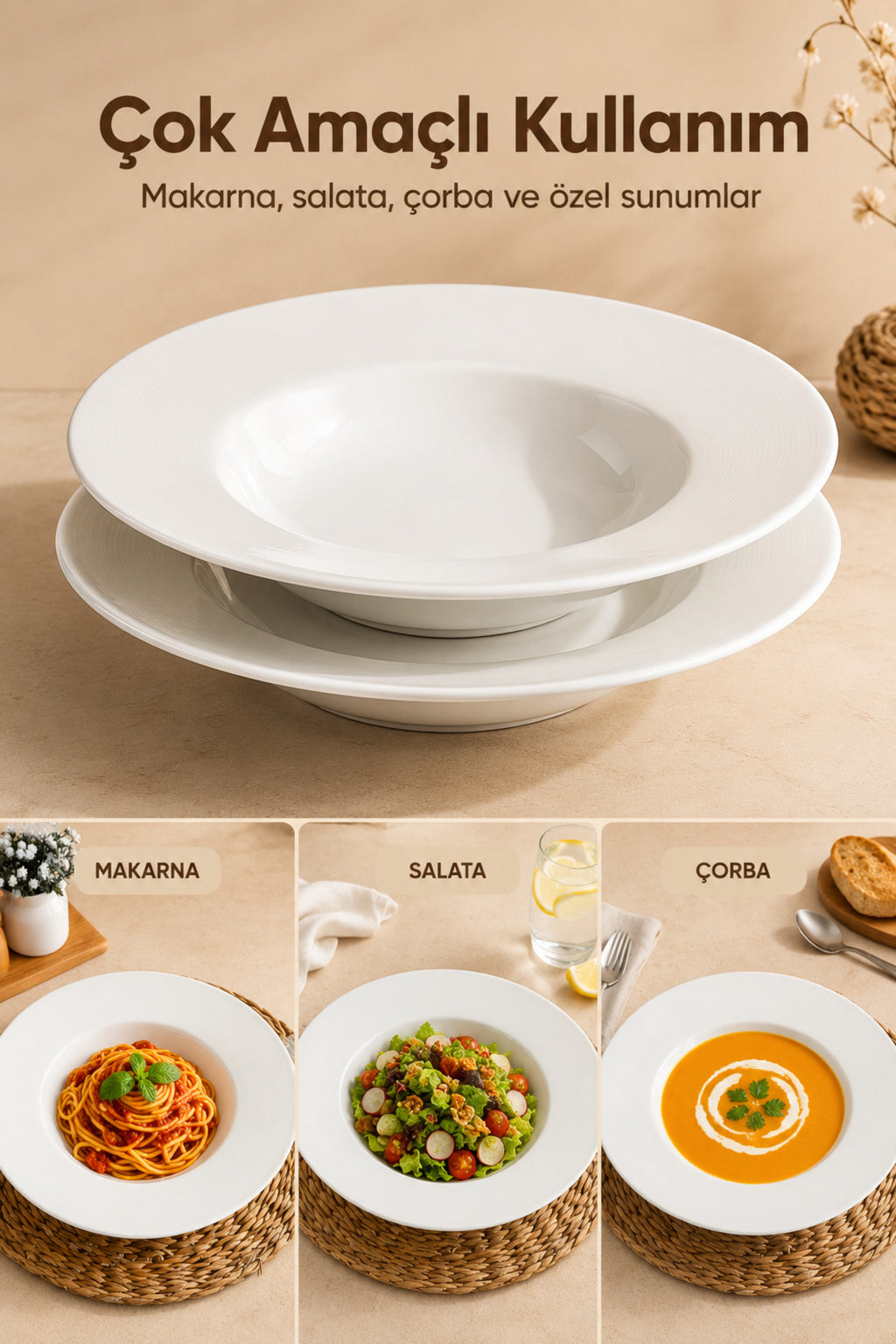2'li Porselen Çukur Makarna Tabağı Salata Sunum Kasesi 28 cm