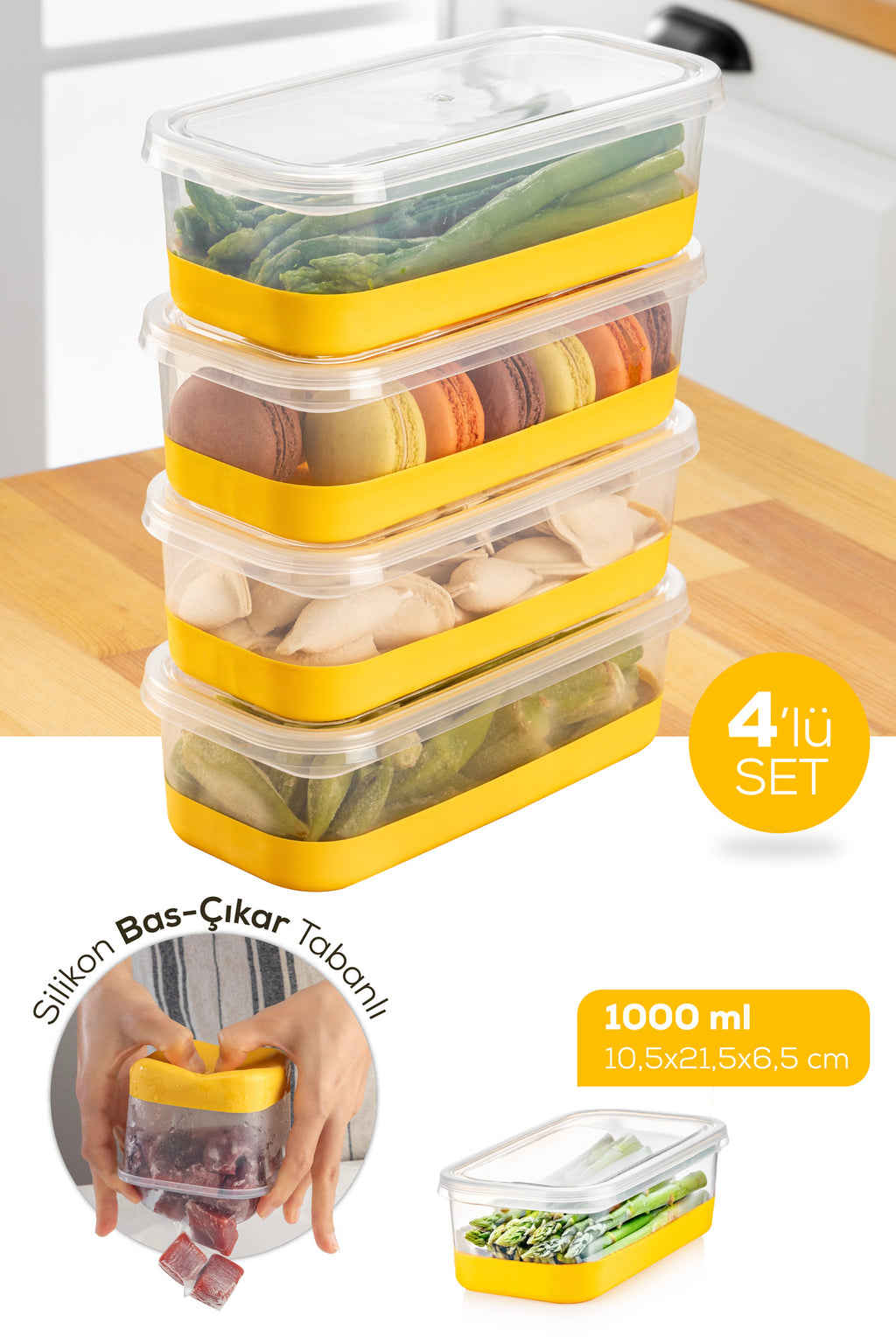 4 Parça 1000 ml Yumuşak Tabanlı Derin Dondurucu - Difriz Saklama Kabı Sarı