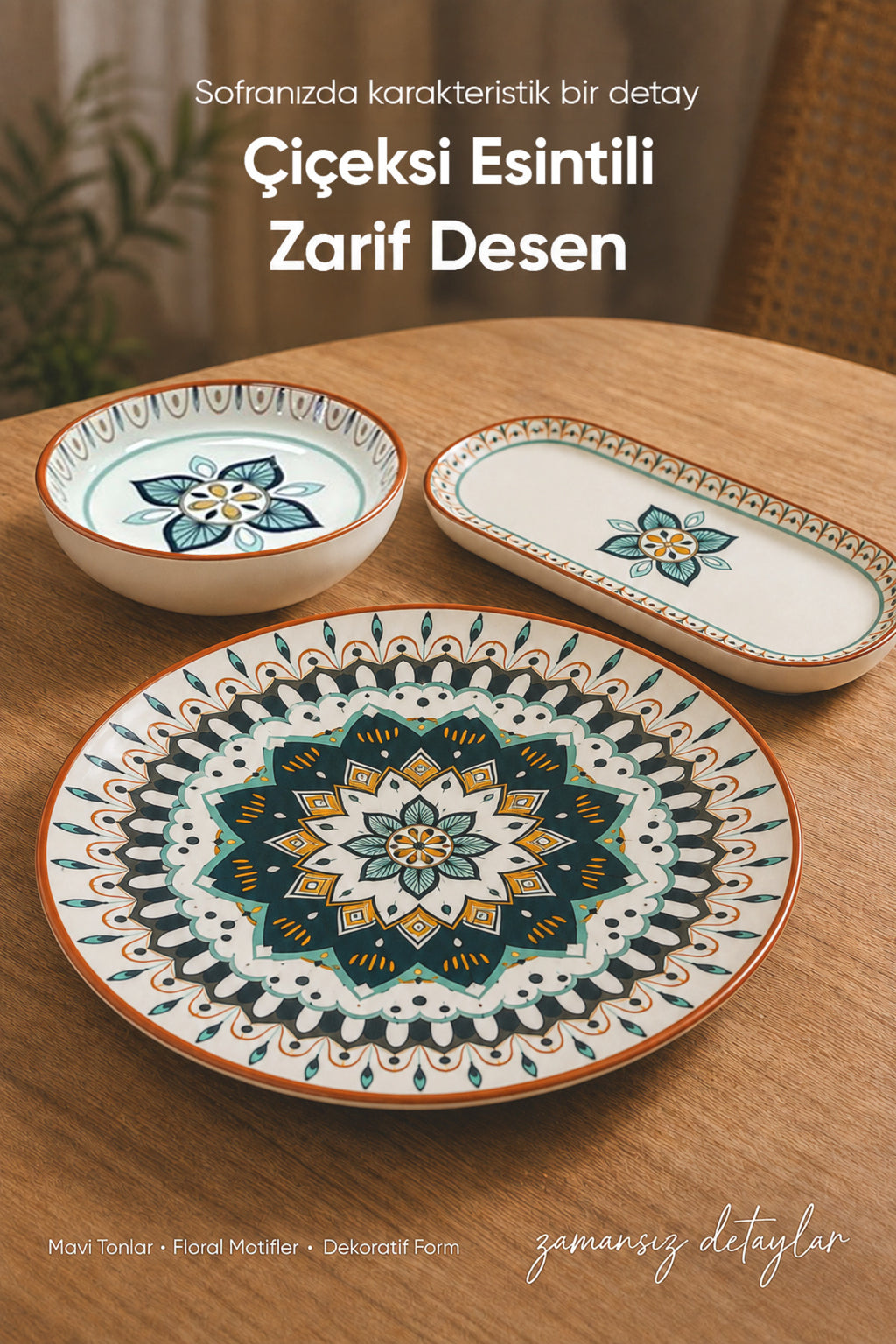 Safir Desenli 14 Parça 6 Kişilik Seramik Kahvaltı Takımı Servis Sunum Tabaklı Dekoratif Sofra Seti