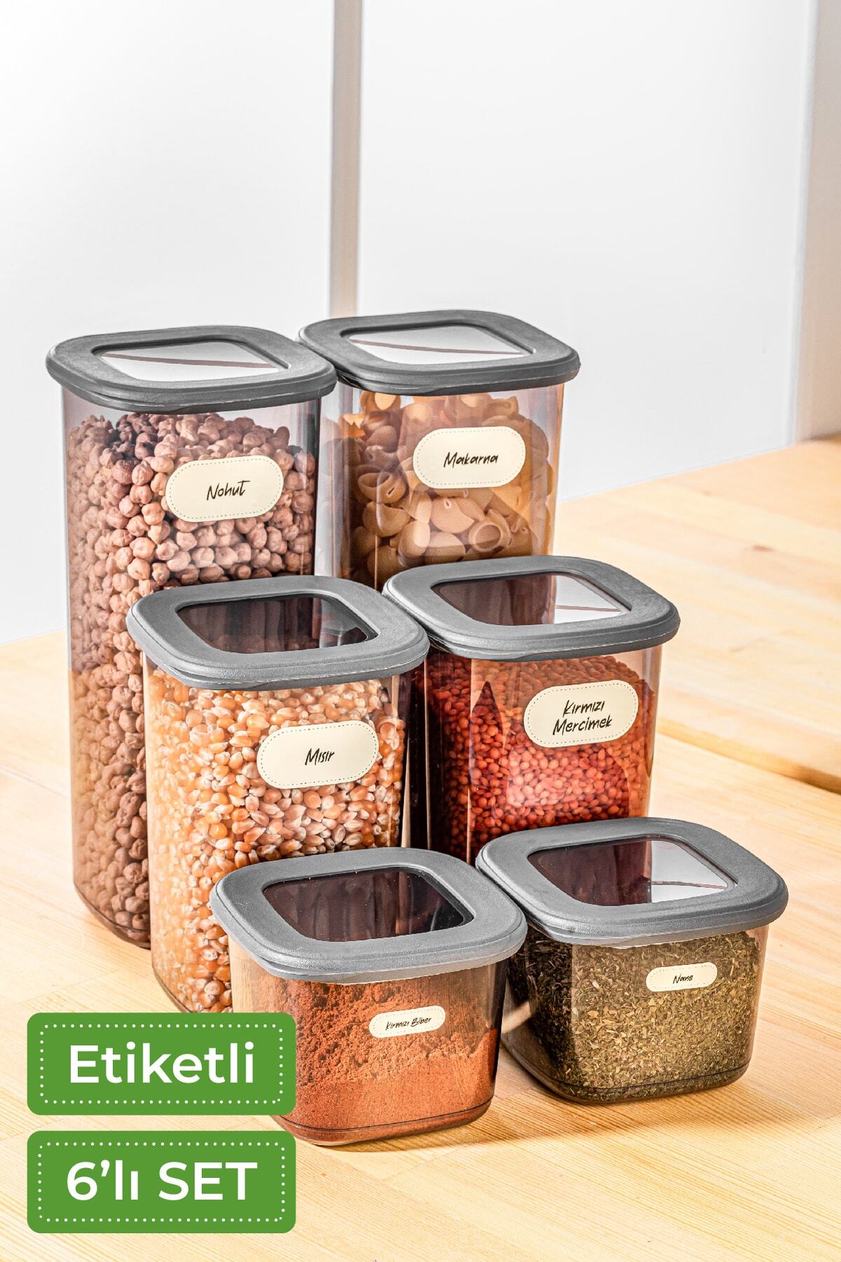 Etiketli Kare Erzak Saklama Kabı 6'lı Set 2x(0,55 Litre, 1,2 Litre, 1,75 Litre) Antrasit