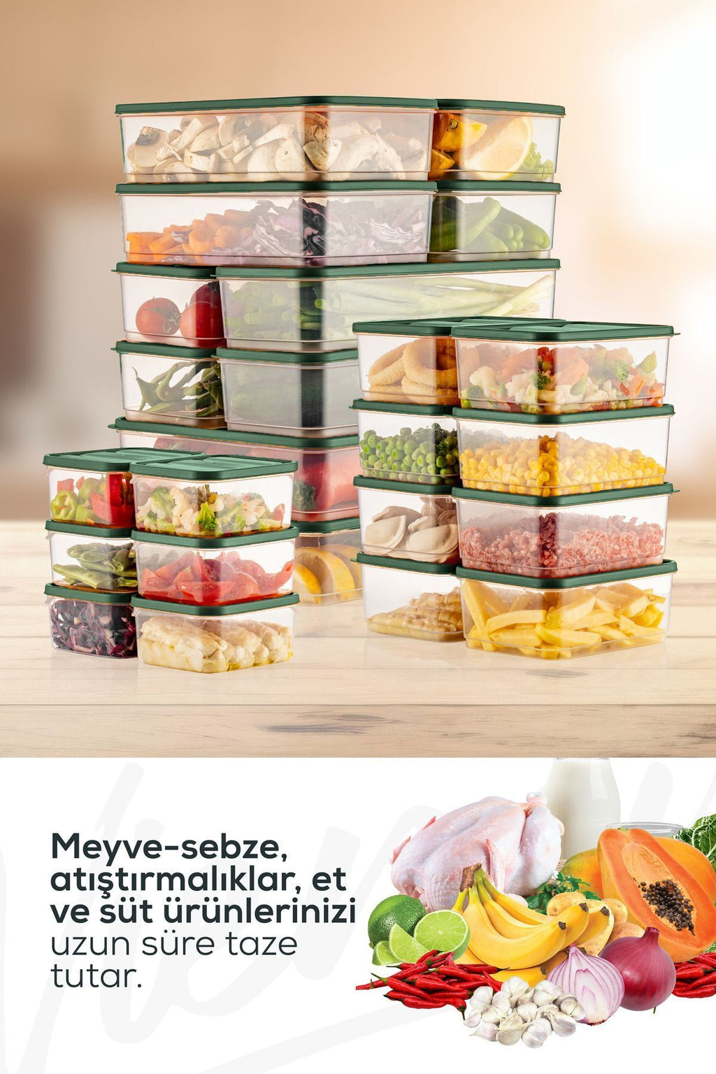 24'lü Buzdolabı Düzenleyici Organizer Mikrodalgaya Uygun Difriz Saklama Kabı Yeşil