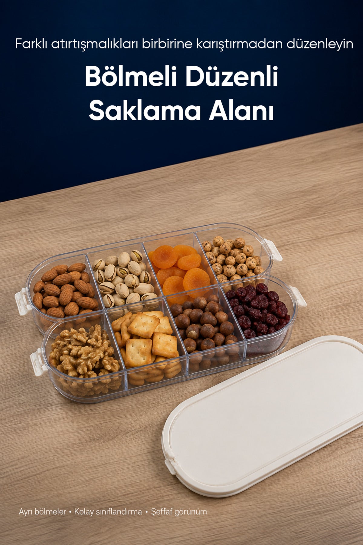 Kapaklı Kulplu 2 Katlı Şeffaf Saklama Kabı Çok Bölmeli Taşınabilir Organizer Kutusu