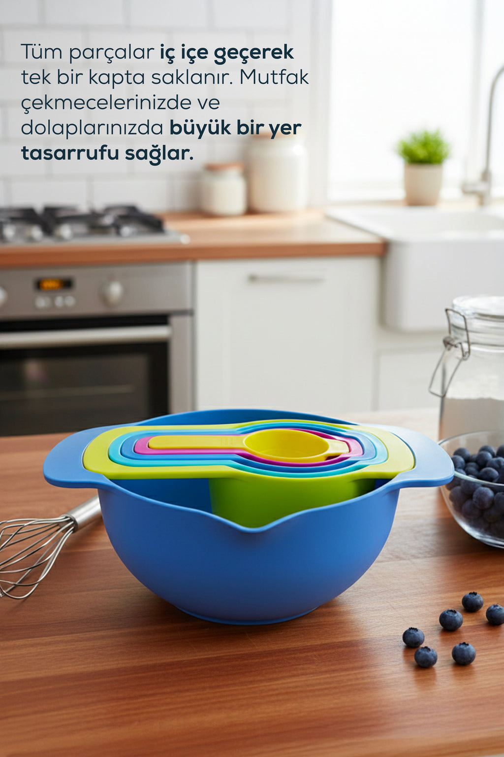 Renkli 6 Parça İç İçe Geçen Ölçü Kabı ve Karıştırma Kasesi Seti | 1000-230-150-85-60-15 ml