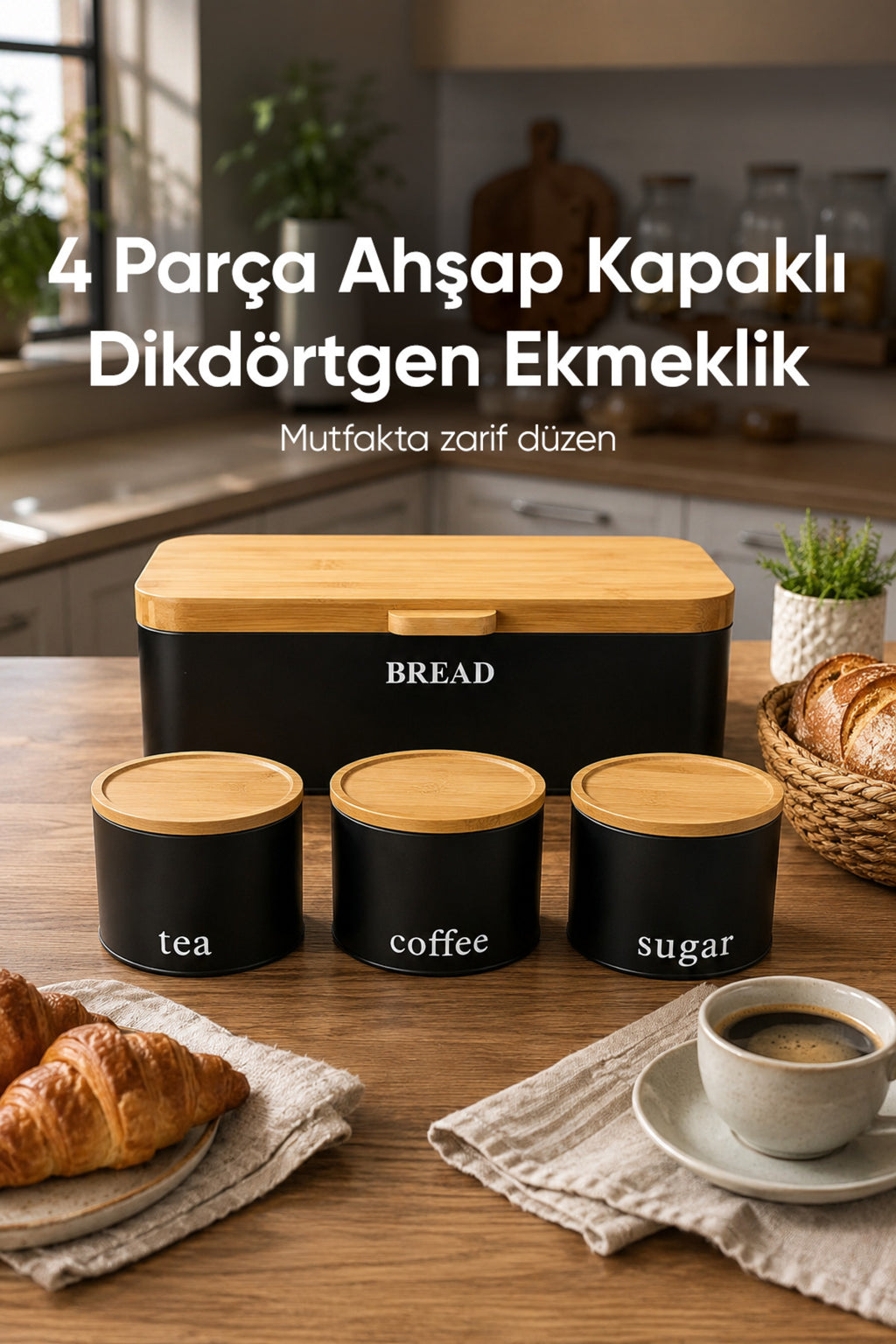 Dikdörtgen Ahşap Kapaklı Metal Ekmek Kutusu Ve 3lü Yuvarlak Çay Kahve Şeker Saklama Kabı Seti Siyah