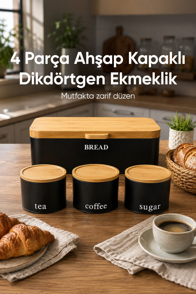 Dikdörtgen Ekmek Kutusu ve Çay Kahve Şeker Seti Siyah