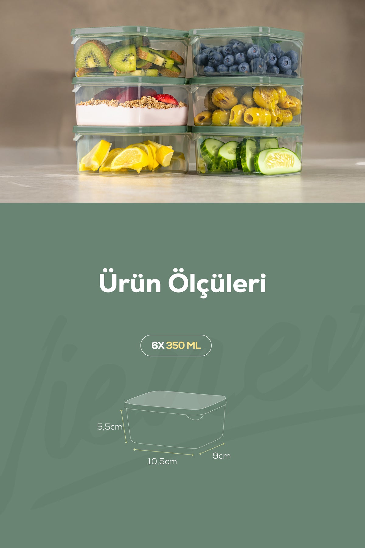 6'lı 350 ml Buzdolabı Dondurucu Organizer Mikrodalga Ve Difrize Uygun Saklama Kabı Yeşil