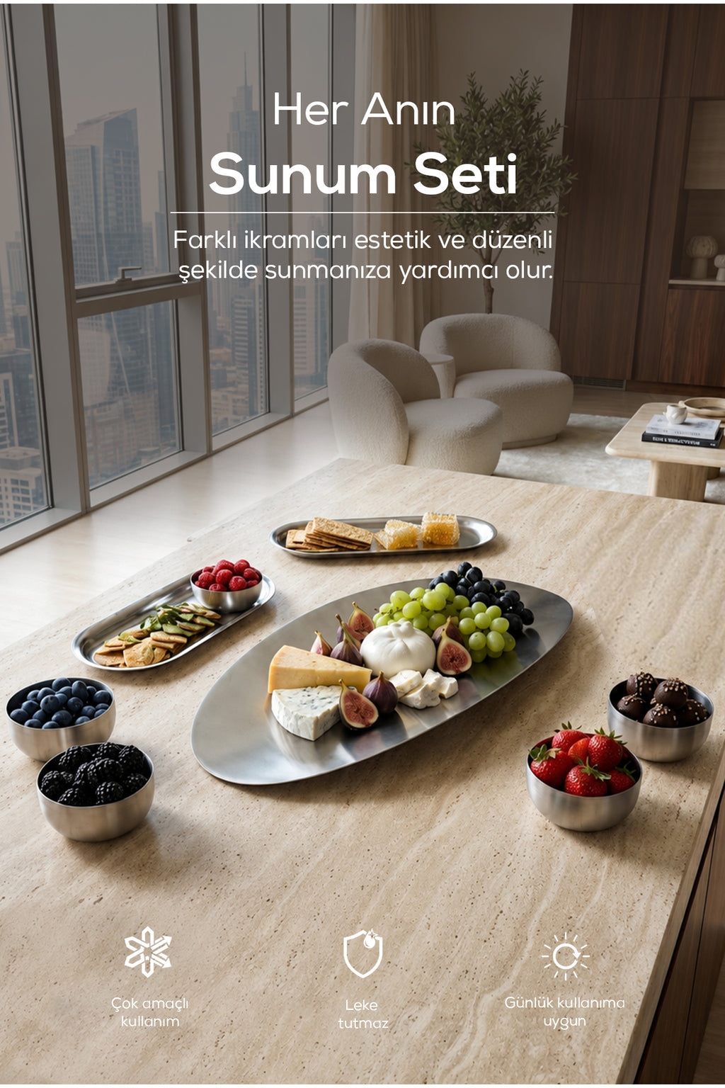 7 Parça Paslanmaz Çelik Sunum , Servis Seti- Paslanmaz Metal Dekoratif Sunum Seti,Çerezlik