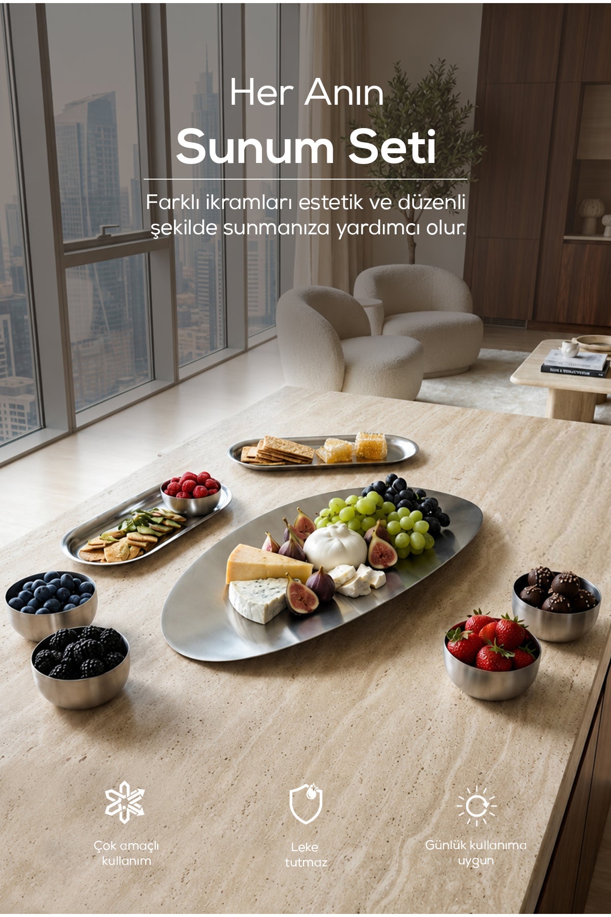 7 Parça Paslanmaz Çelik Sunum , Servis Seti- Paslanmaz Metal Dekoratif Sunum Seti,Çerezlik