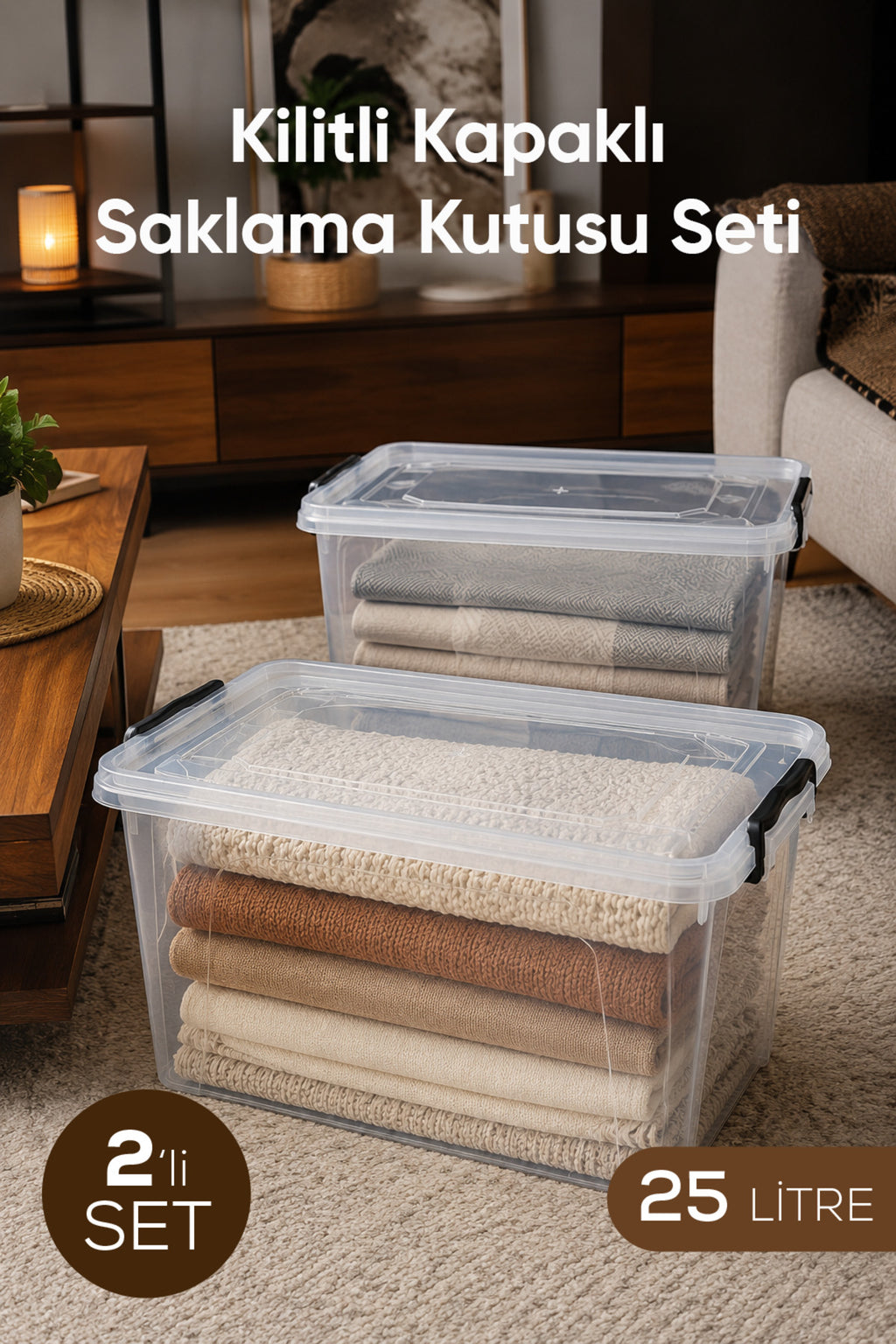 2'li Kilitli Kapak Saklama Kabı Seti 25 Lt Şeffaf Dikdörtgen Saklama Kutusu