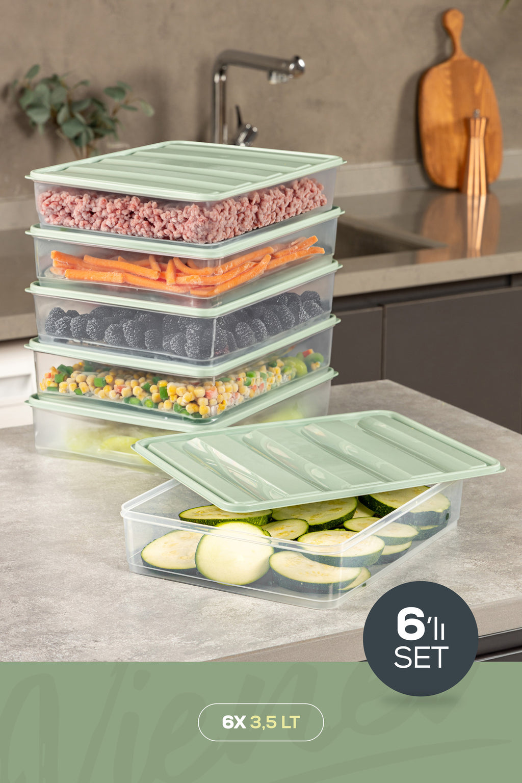 6'lı 3,5 Litre Buzdolabı Dondurucu Organizer Mikrodalga Ve Difrize Uygun Saklama Kabı Mint