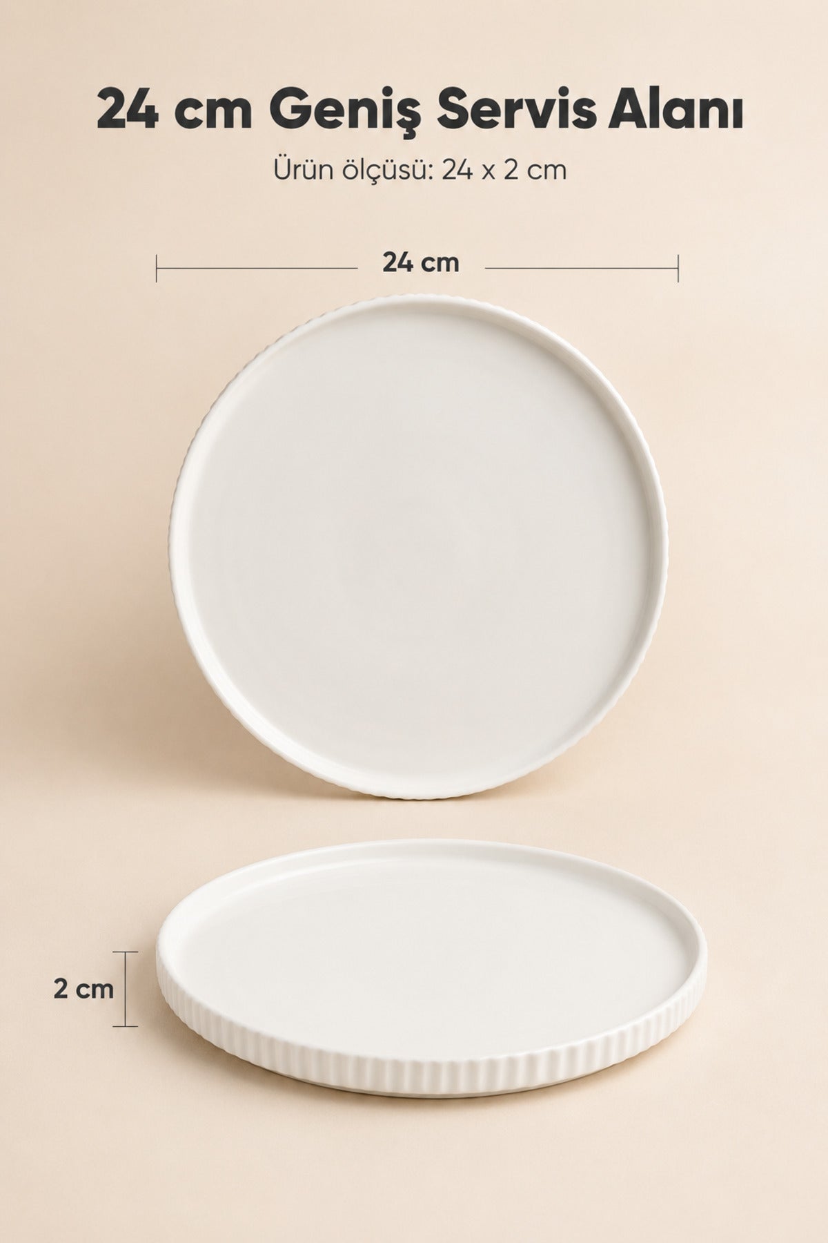 2 Parça 24 cm Porselen Servis Tabağı Seti - Modern Çizgili Yuvarlak Sunum Tabağı