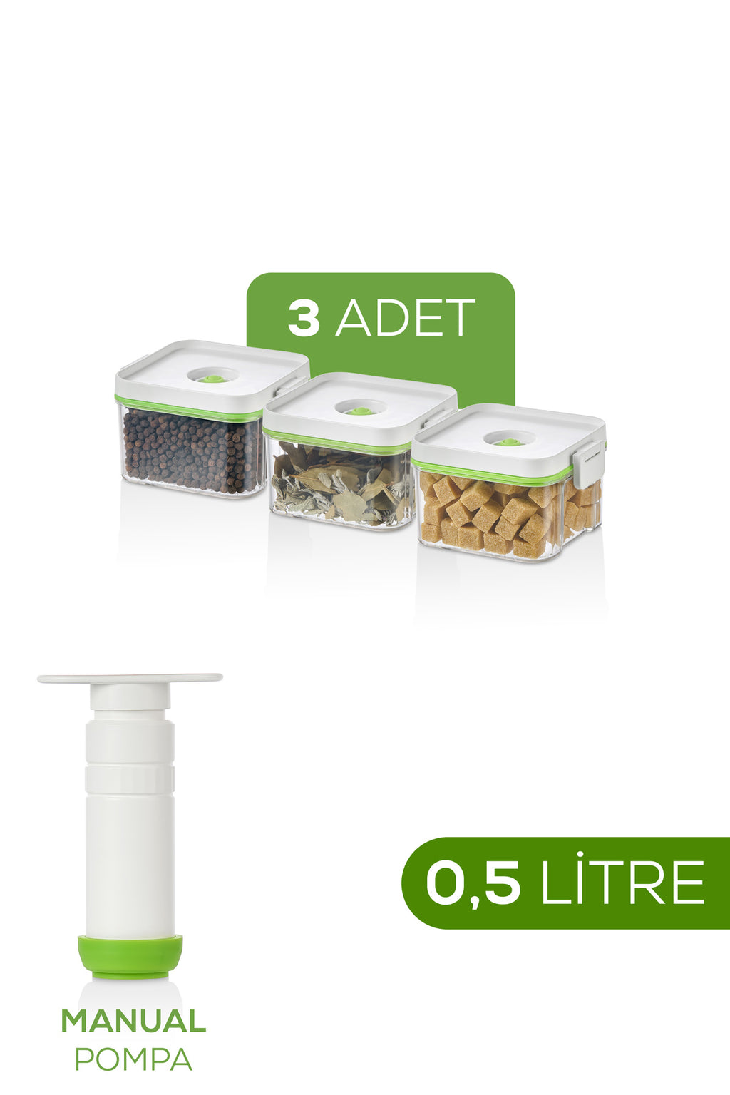4'lü Vakumlu Saklama Kabı Seti | 3x 0,5 Litre Kap + Manuel Pompa