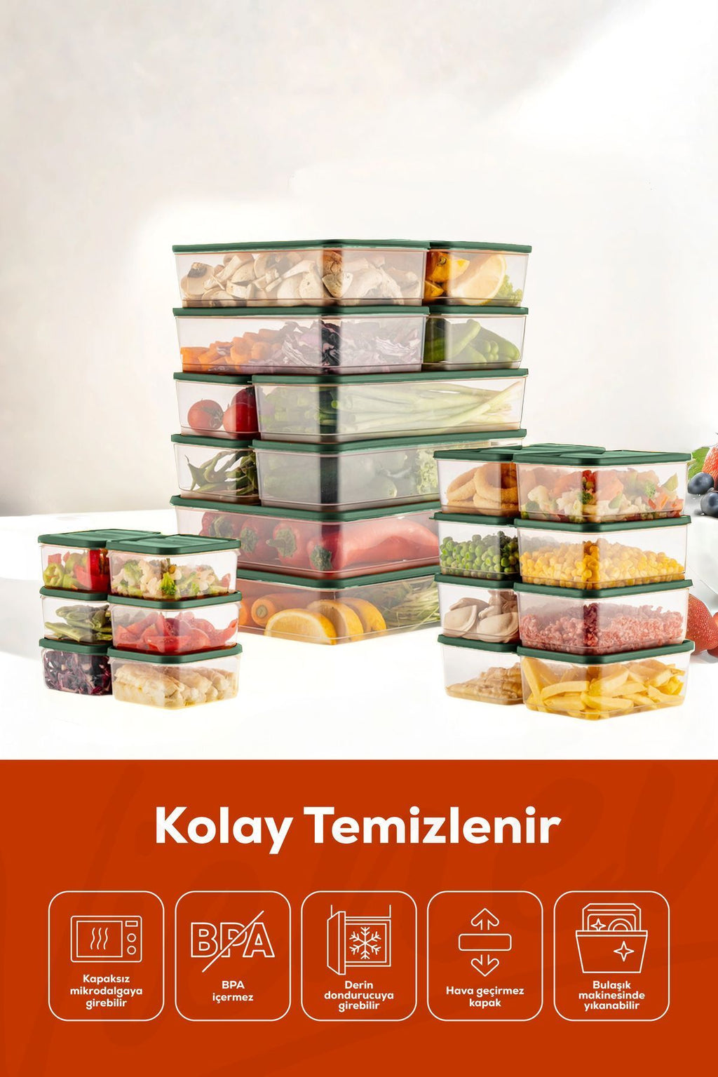 24'lü Buzdolabı Düzenleyici Organizer Mikrodalgaya Uygun Difriz Saklama Kabı Yeşil