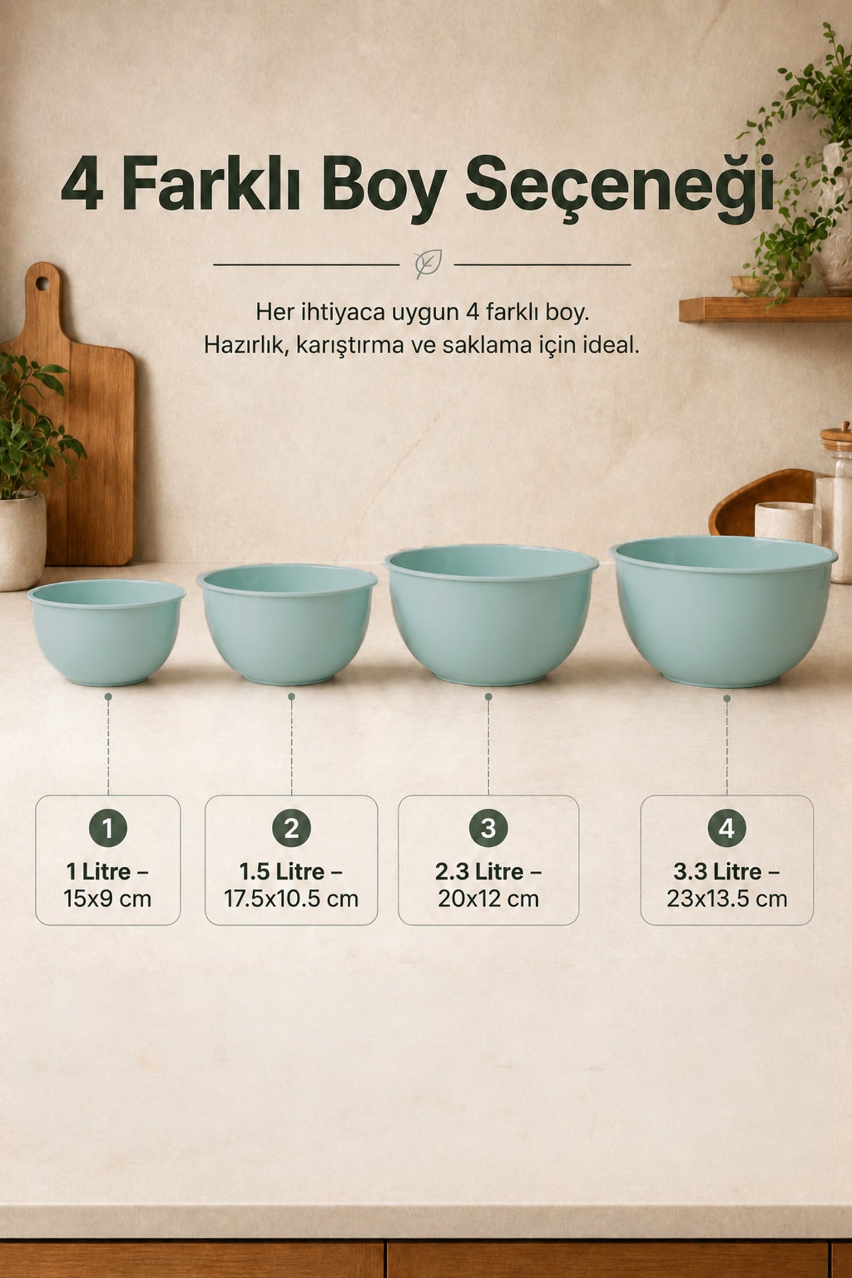 8'li Karıştırma Ve Hazırlama Kasesi Seti Mint - 1L 1.5L 2.3L 3.3L